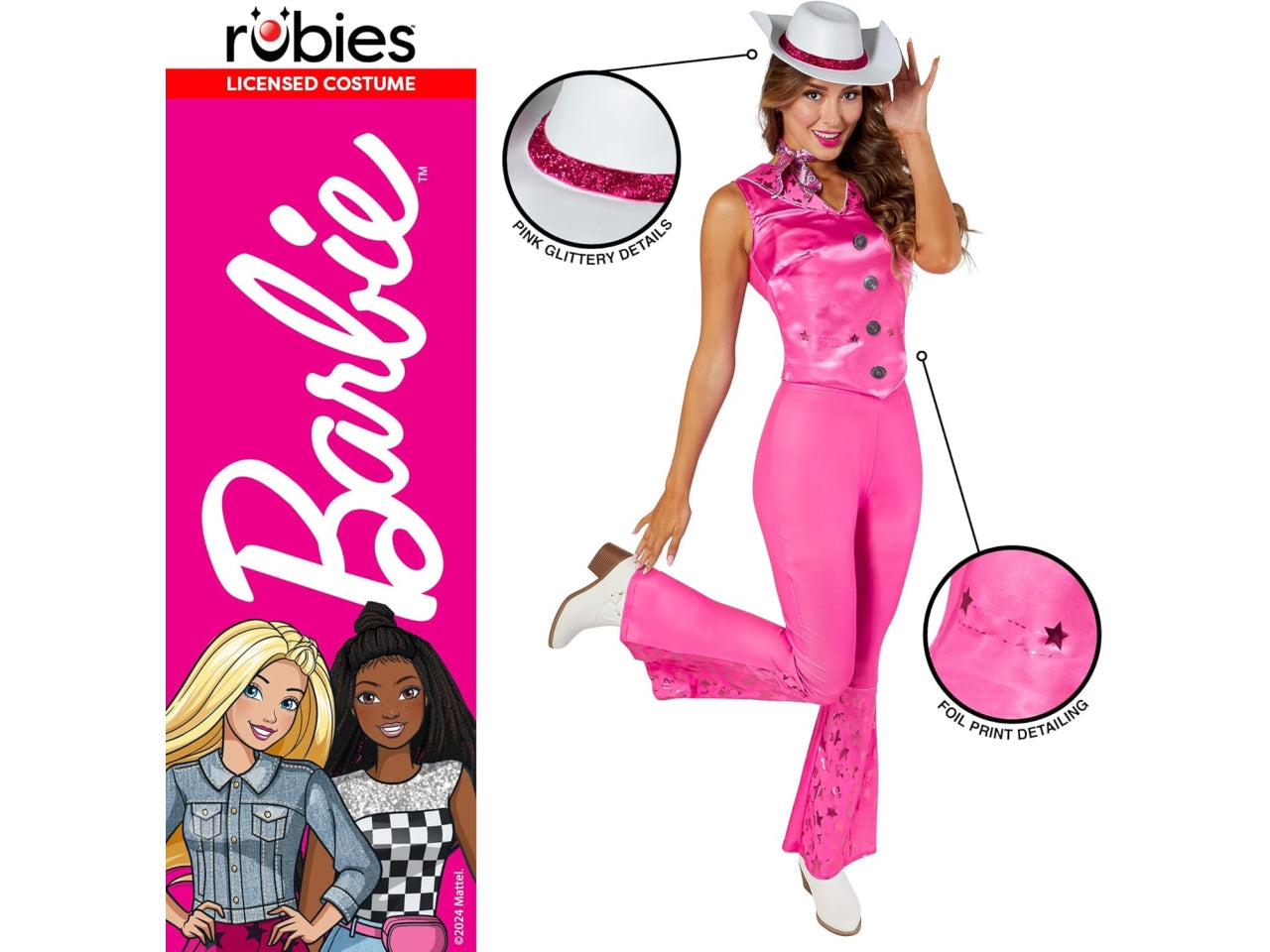 Costume adulto Barbie cowgirl, composto da top, pantaloni, cappello e foular taglia M