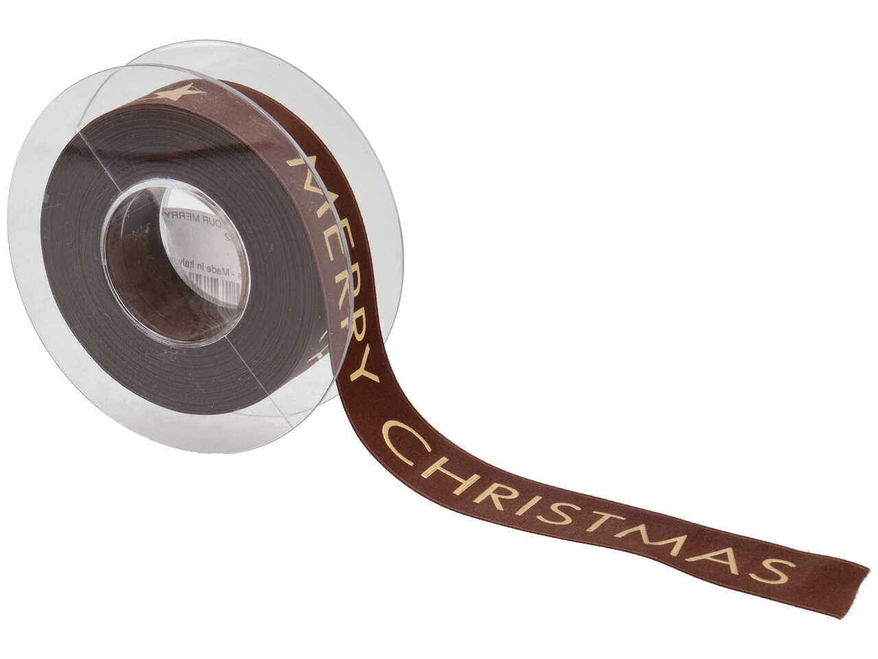 Nastro regalo natalizio raso marrone con scritta dorata merry christmas 2,5 cm x 15 m - Sirene