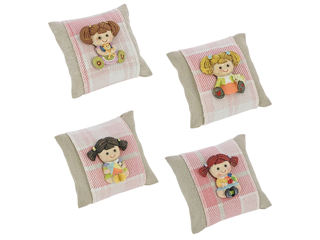 Cuscino scozzese rosa con bambola dolly in 4 decori assortiti misura 8x8cm