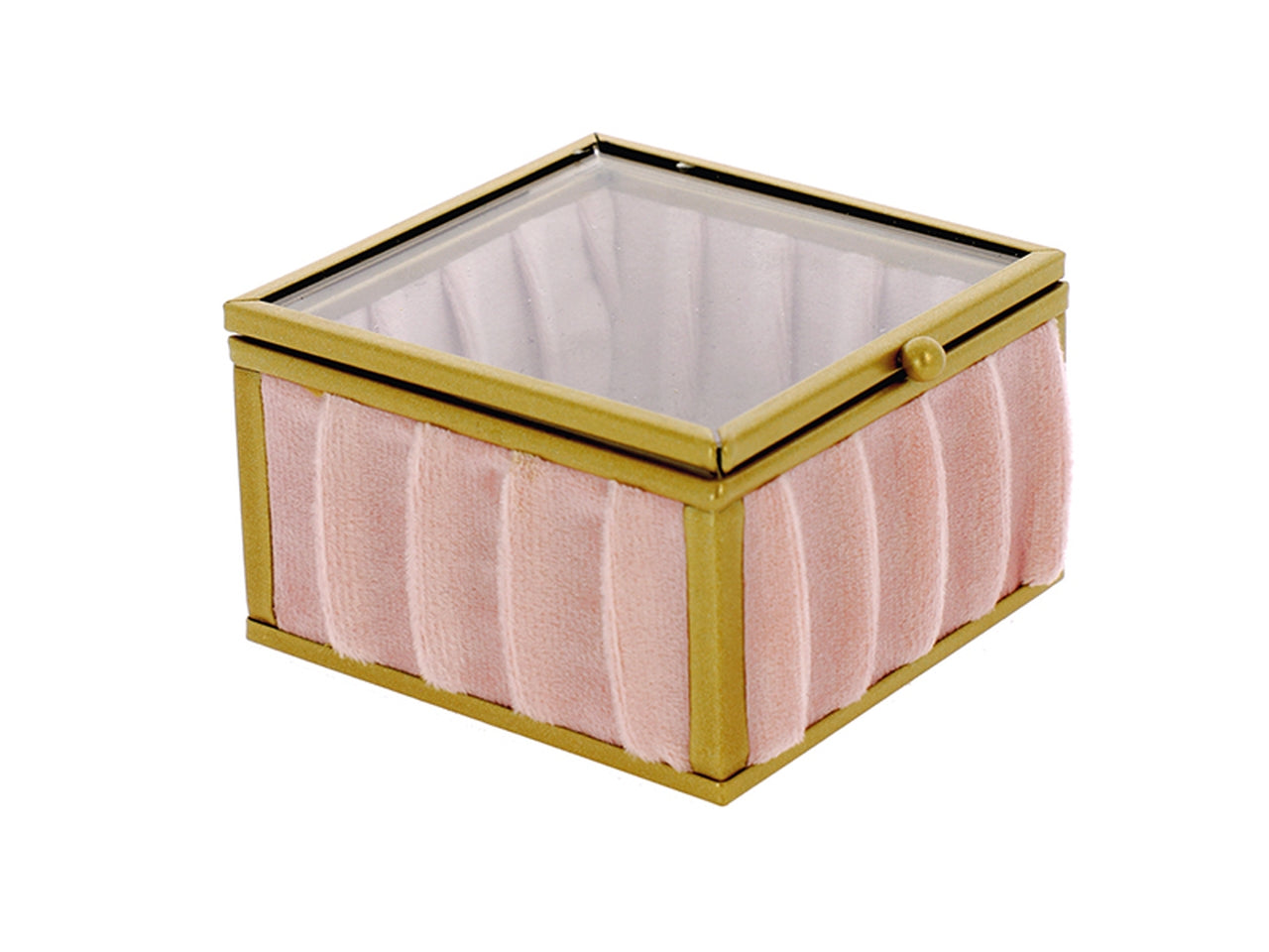 Scatola quadrata con velluto rosa e profili in metallo oro misura 8,5x8,5xh.5cm
