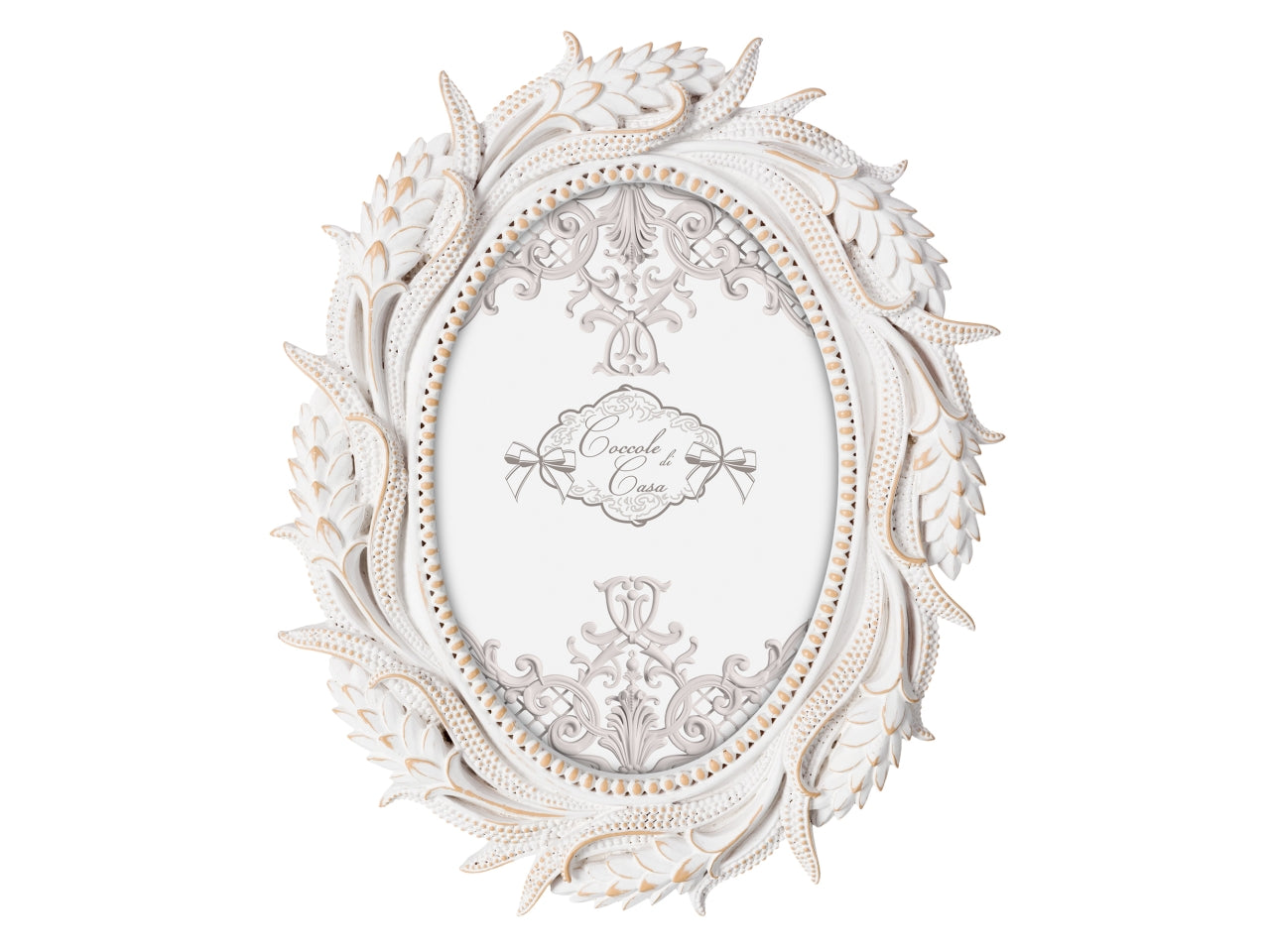 Portafoto ovale in resina bianco decapato, bomboniera shabby chic, Spiga 10x15 cm - Coccole di Casa