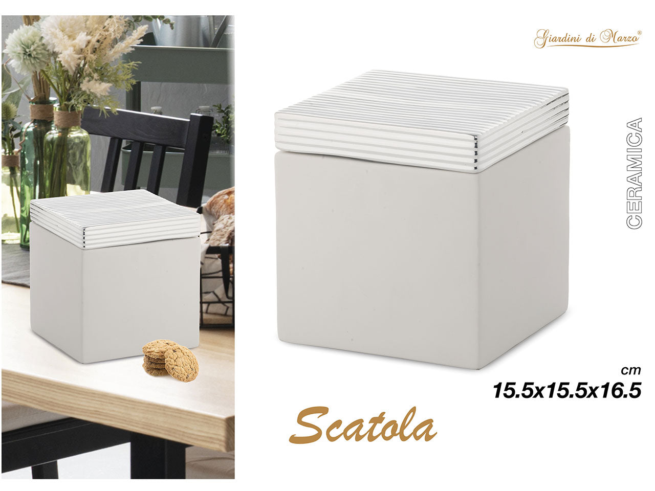 Scatola quadrata in ceramica 15,5x15,5xh.16,5cm con base argento