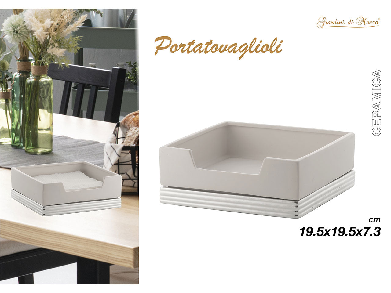 Porta tovaglioli quadrato in ceramica 19,5x19,5xh.7,3cm con base argento
