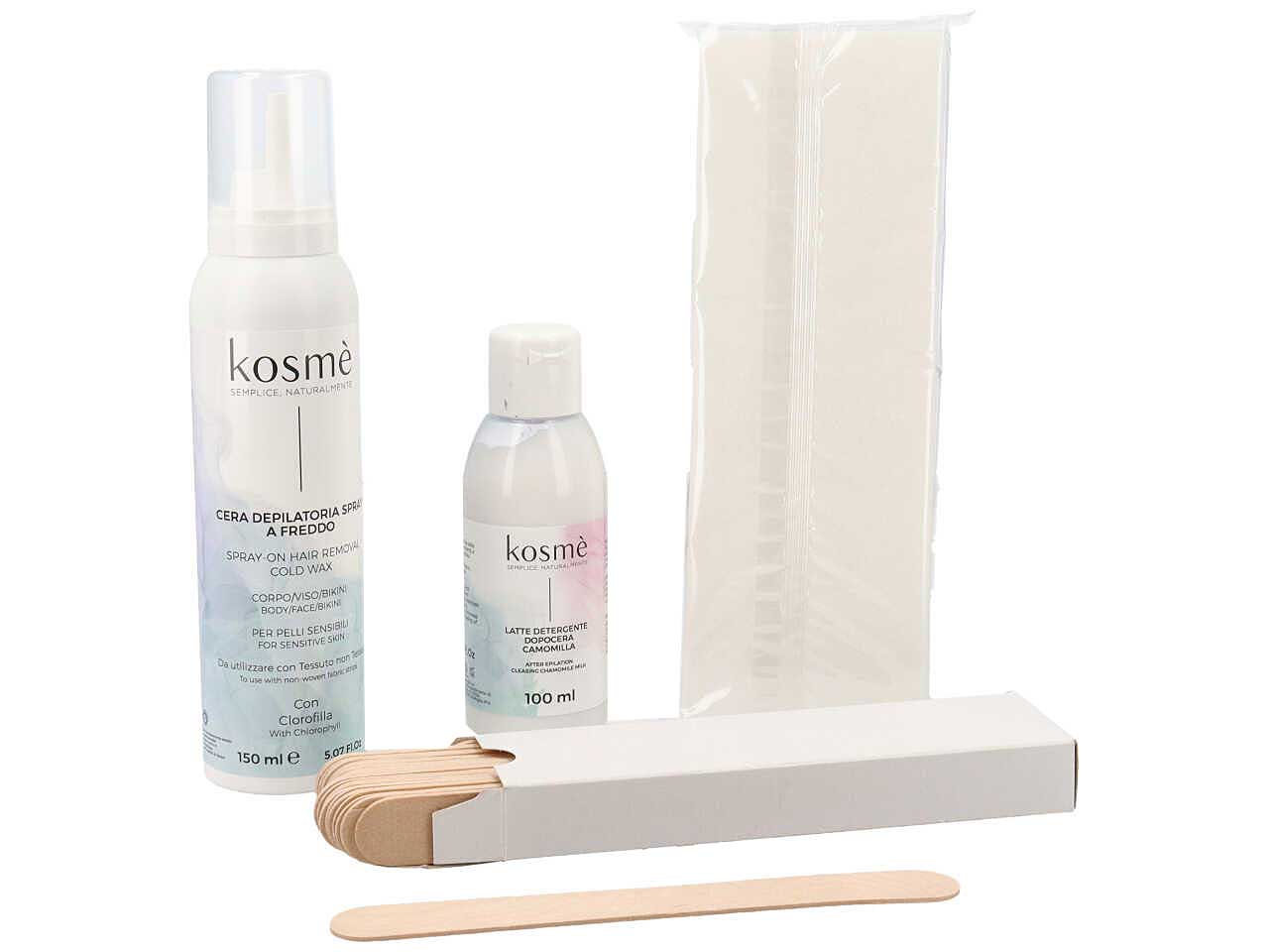 Kit per cera depilatoria spray a freddo per pelli delicate. la confezione contiene 1 cera depilatoria spray clorofilla da 150ml, 25 spatole in legno, 50 fogli di tnt e atte dopocera da 100ml