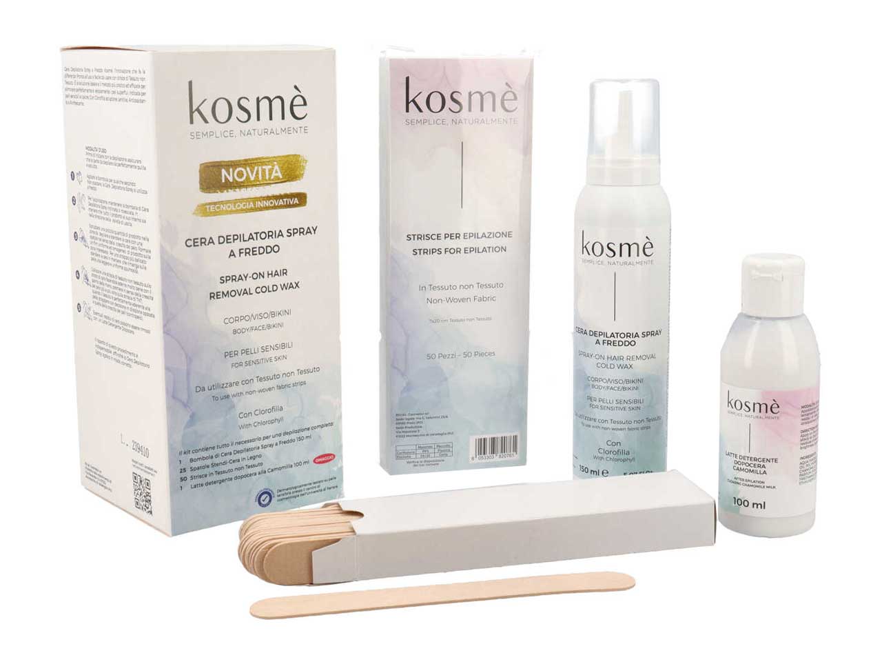 Kit per cera depilatoria spray a freddo per pelli delicate. la confezione contiene 1 cera depilatoria spray clorofilla da 150ml, 25 spatole in legno, 50 fogli di tnt e atte dopocera da 100ml