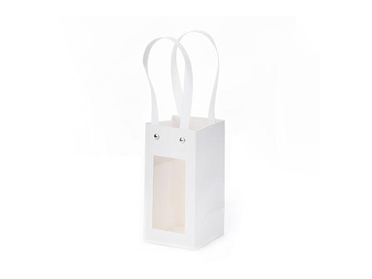 Shopper in carta con finestra 8x8x16cm.di colore bianco