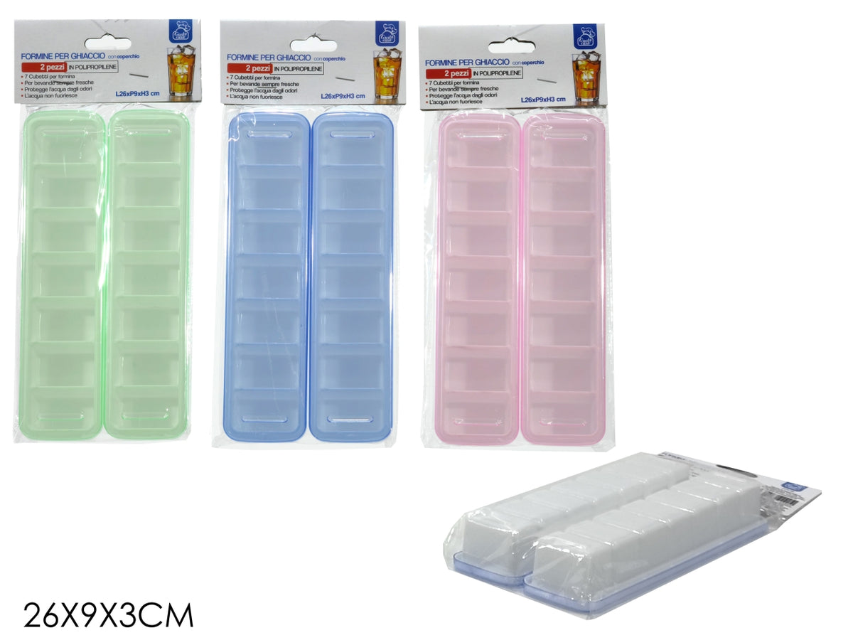 Set 2 forme ghiaccio con coperchio 26x9x3cm in 3 colori assortiti