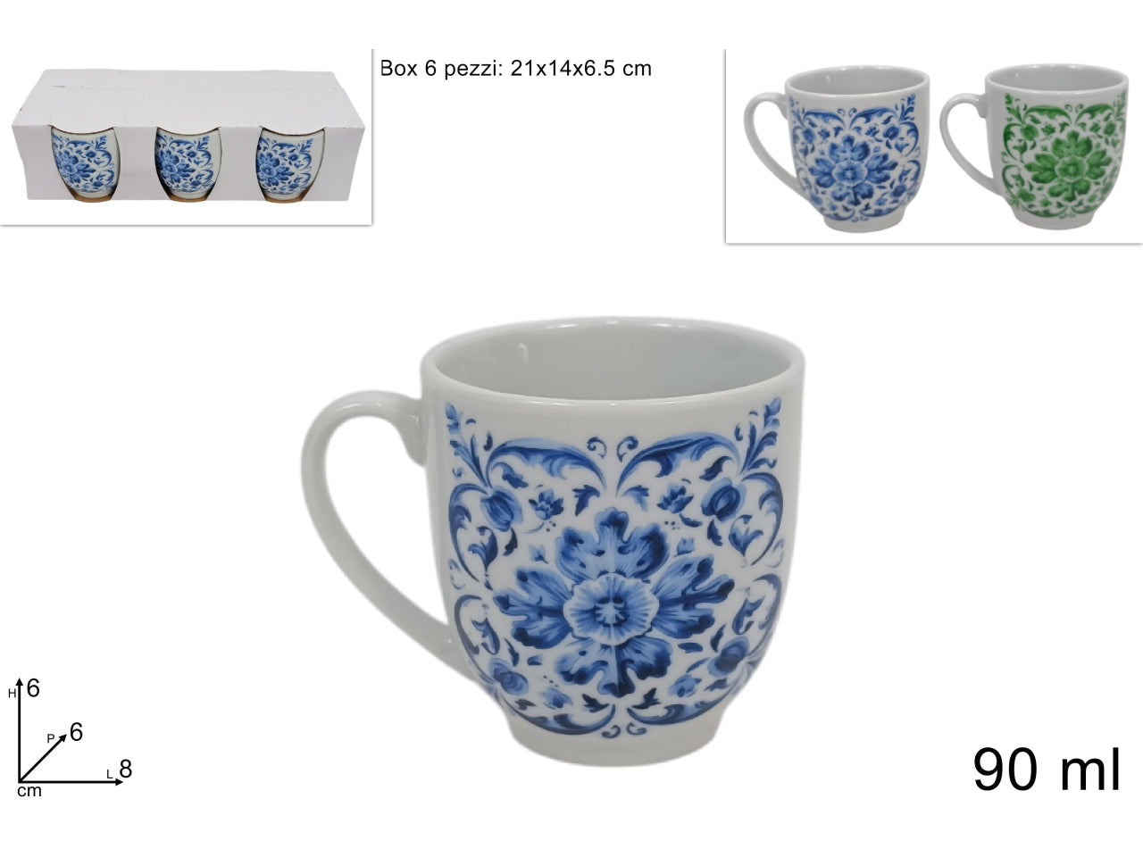 Tazzine in porcellana 90ml decoro maiolica set da 6 tazze in 2 varianti di colori