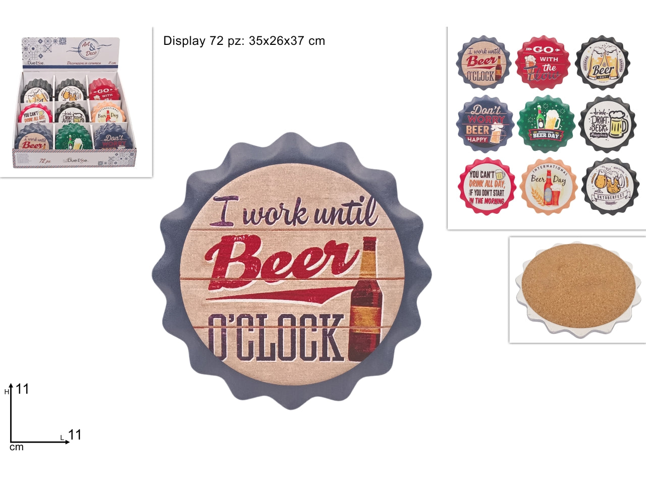 Sotto bicchieri birra in ceramica con base sughero 11cm in vari assortimenti