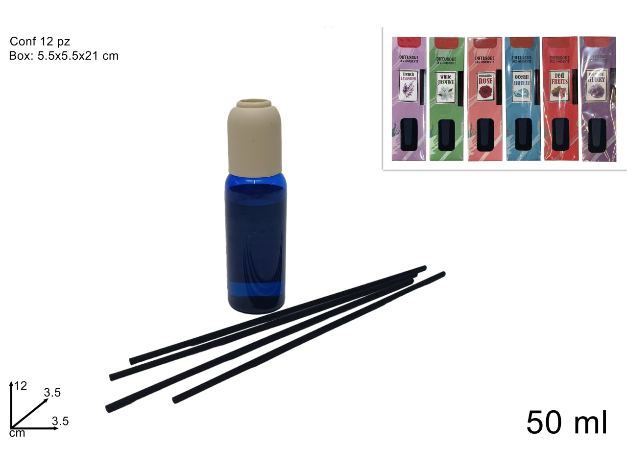 Profumatore ambiente con bacchette 50ml 6 fragranze assortite