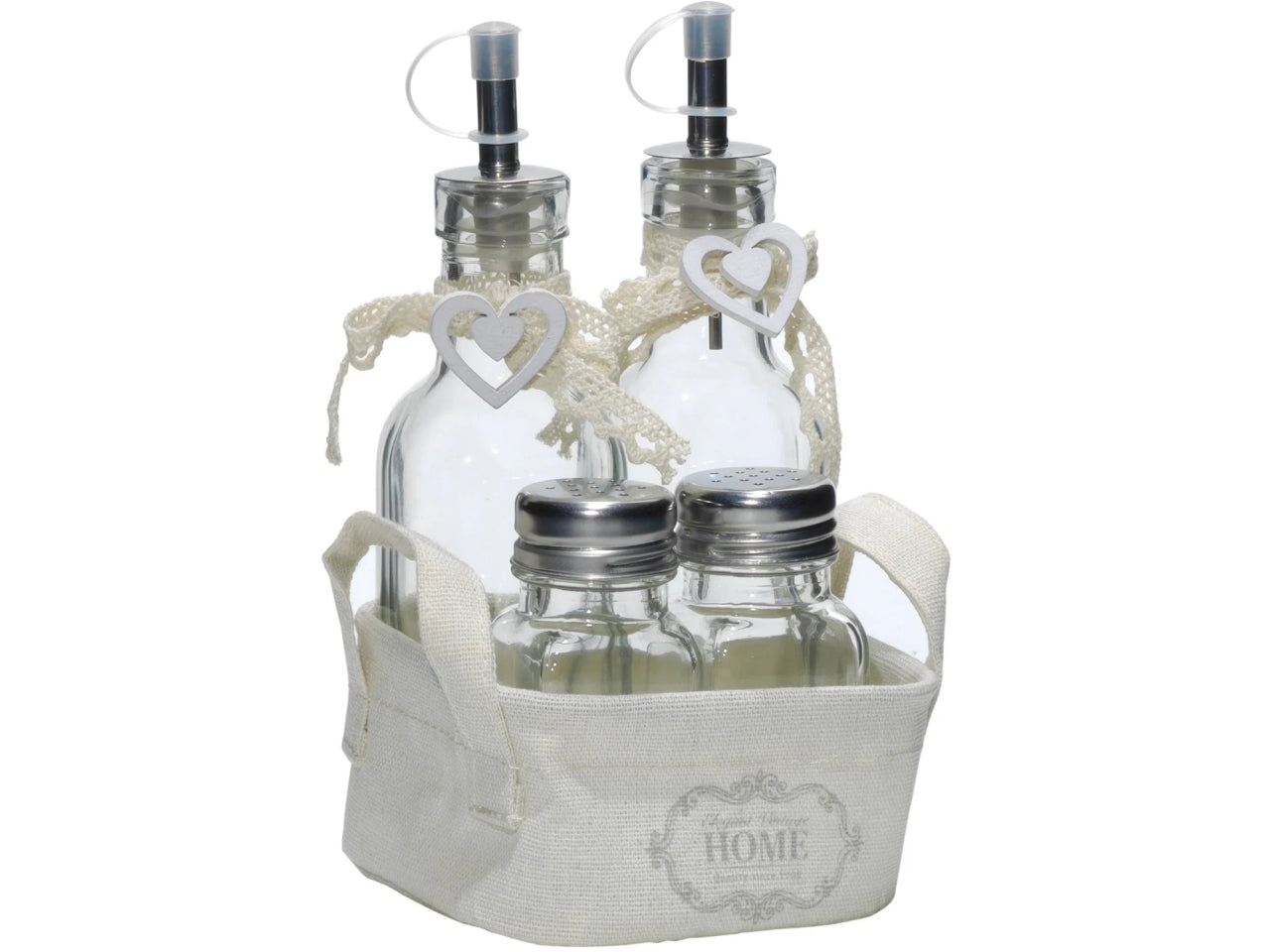 Set olio aceto sale e pepe composto da 4 pezzi con cestino di colore panna