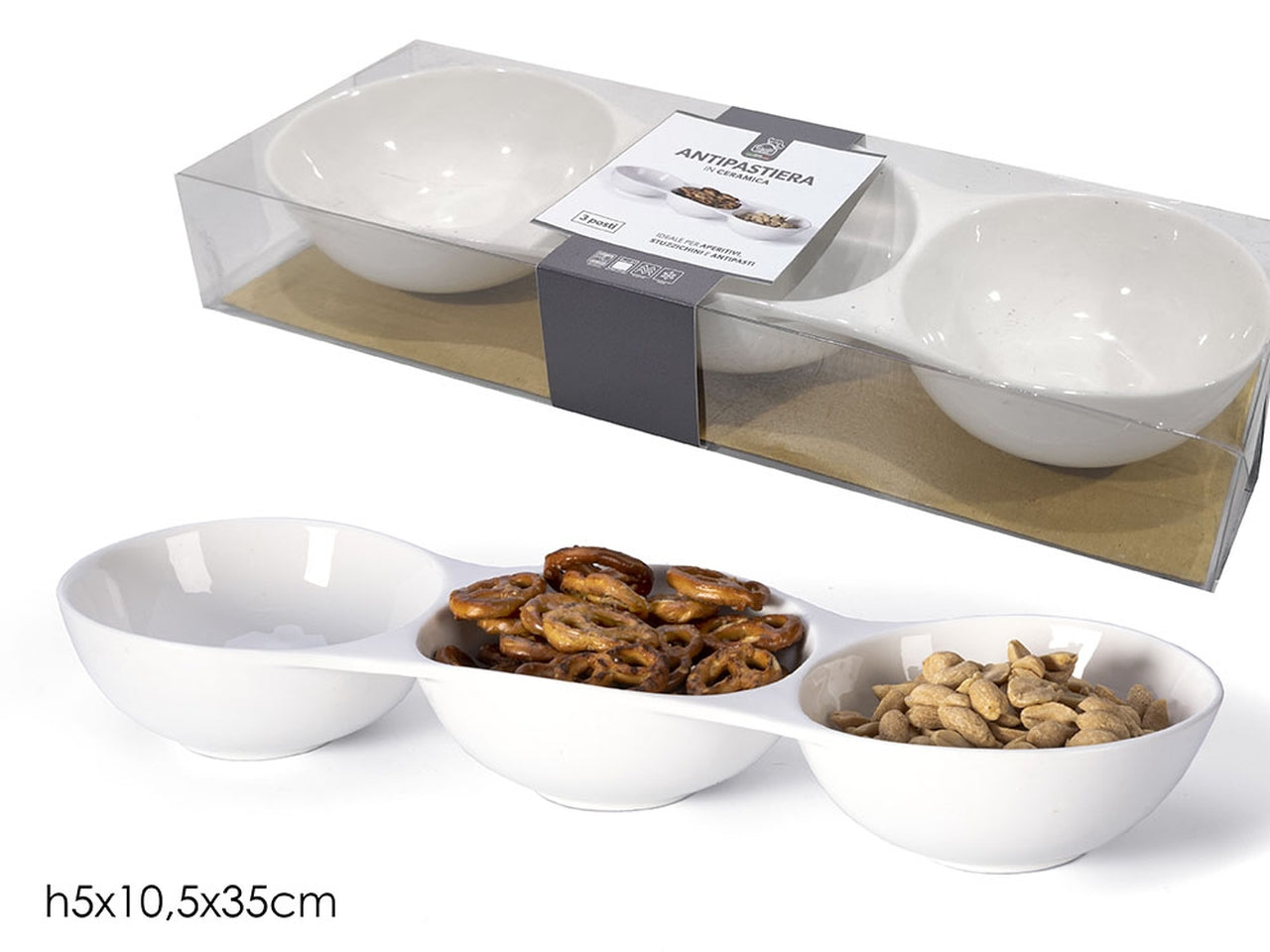 Antipastiera 3 posti 35x10,5xh5cm di colore bianc0