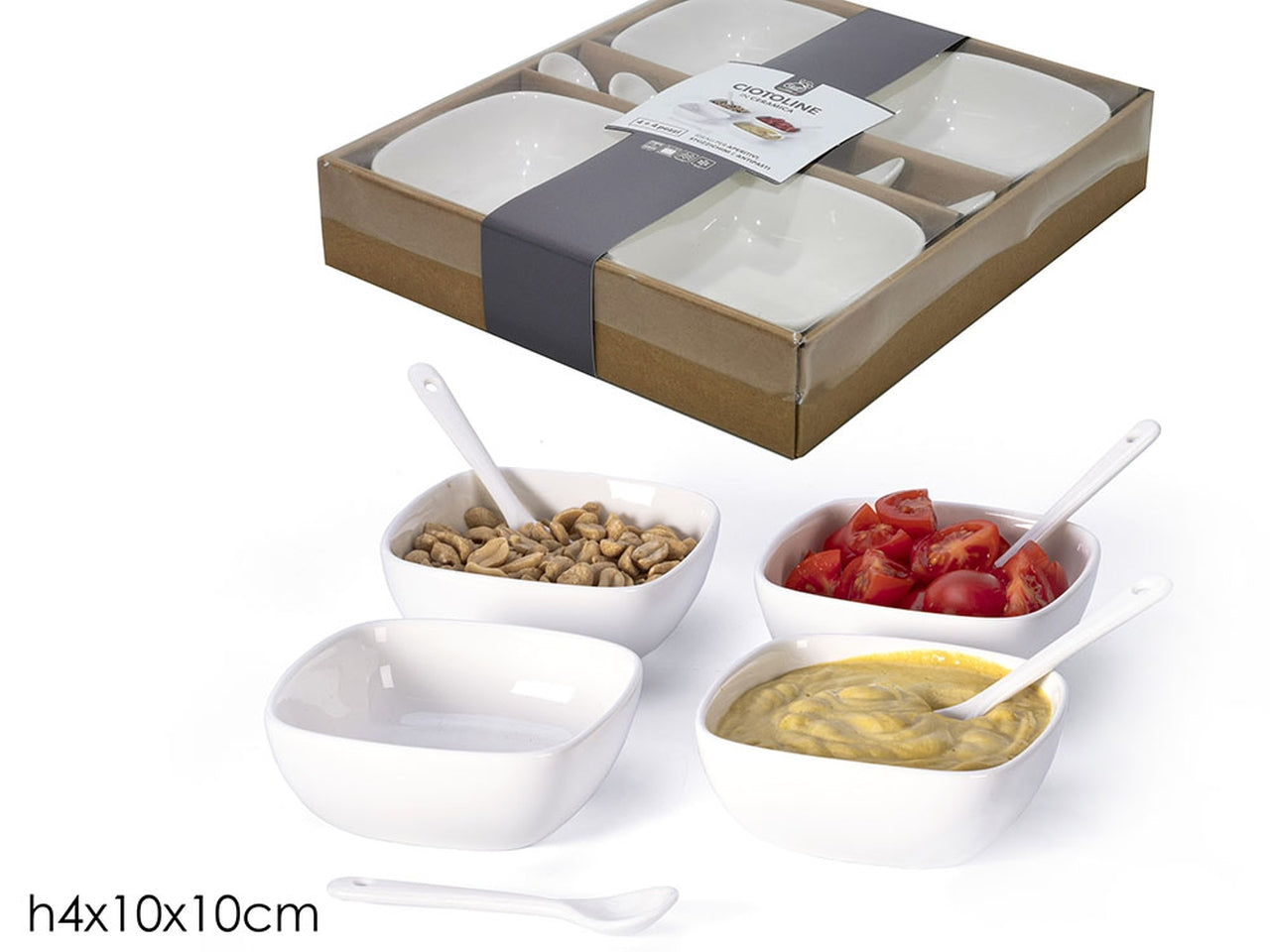 Ciotola quadrata con cucchiaino 4pz bianco