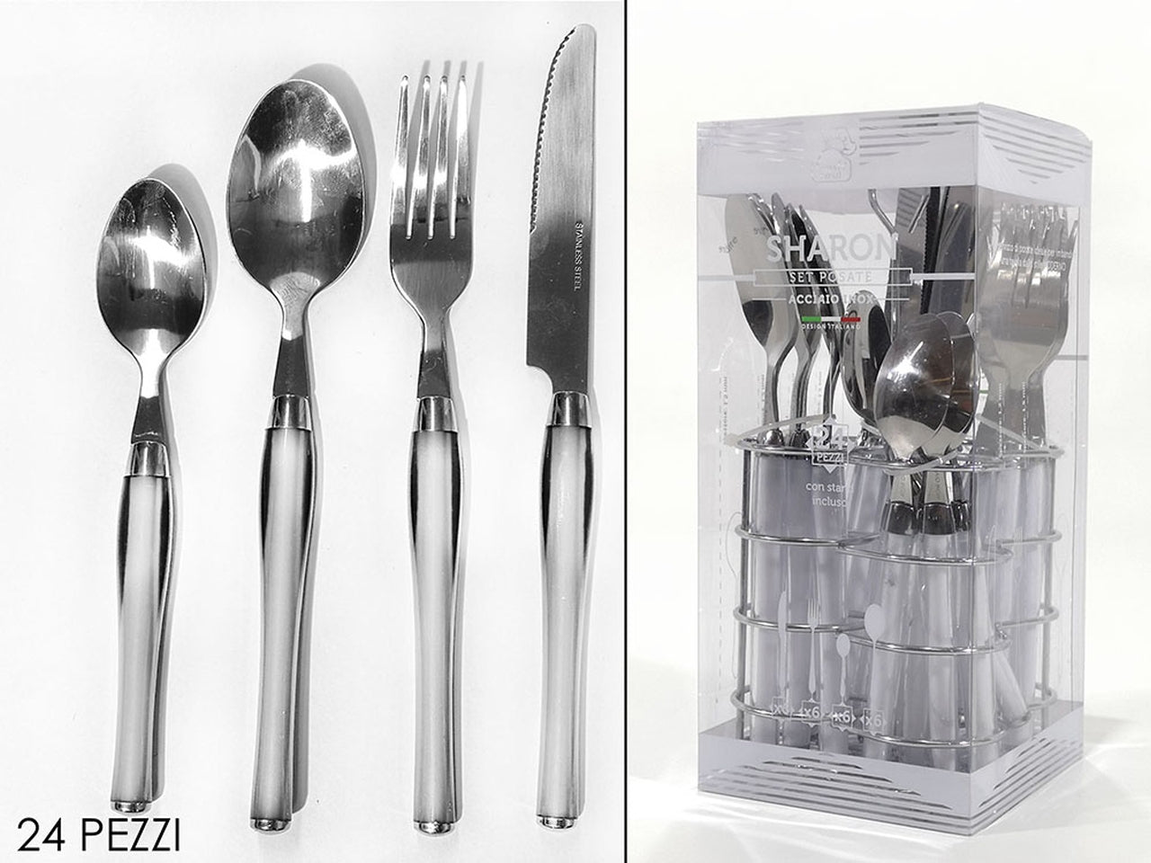 Servizio di posate sharon da 24pz con stand di colore bianco