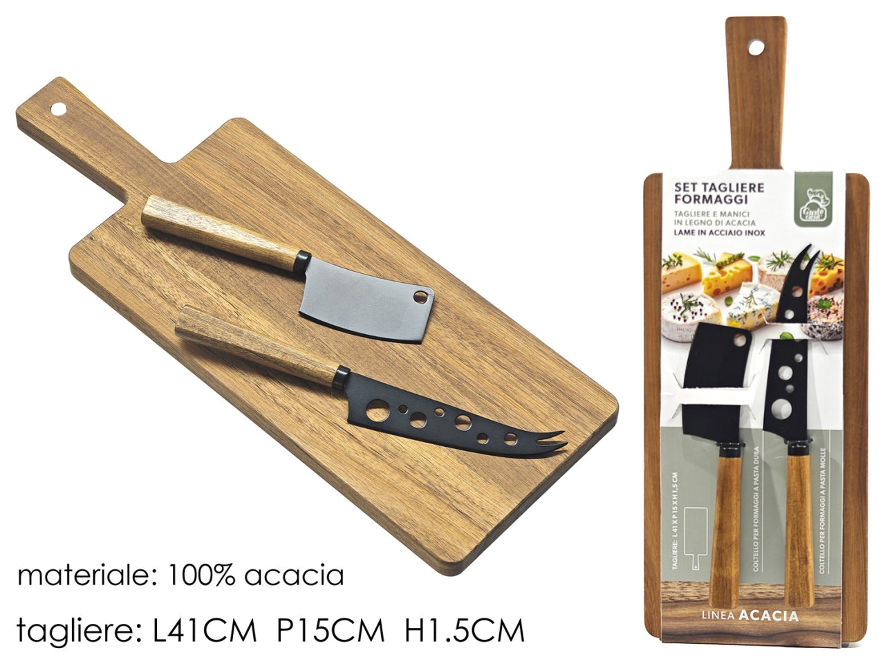 Tagliere in legno acacia con 2 coltelli da formaggio