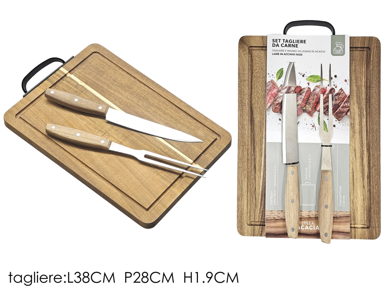 Tagliere in legno acacia con 2 coltelli da formaggio e forchetta