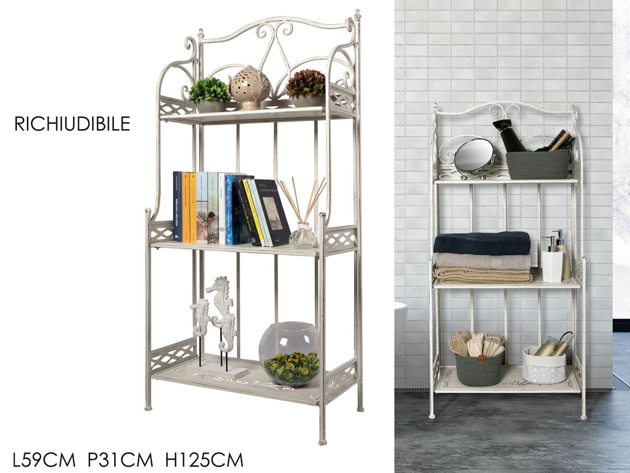 Scaffale formato da 3 ripiani 59x31x125cm bianco decapato