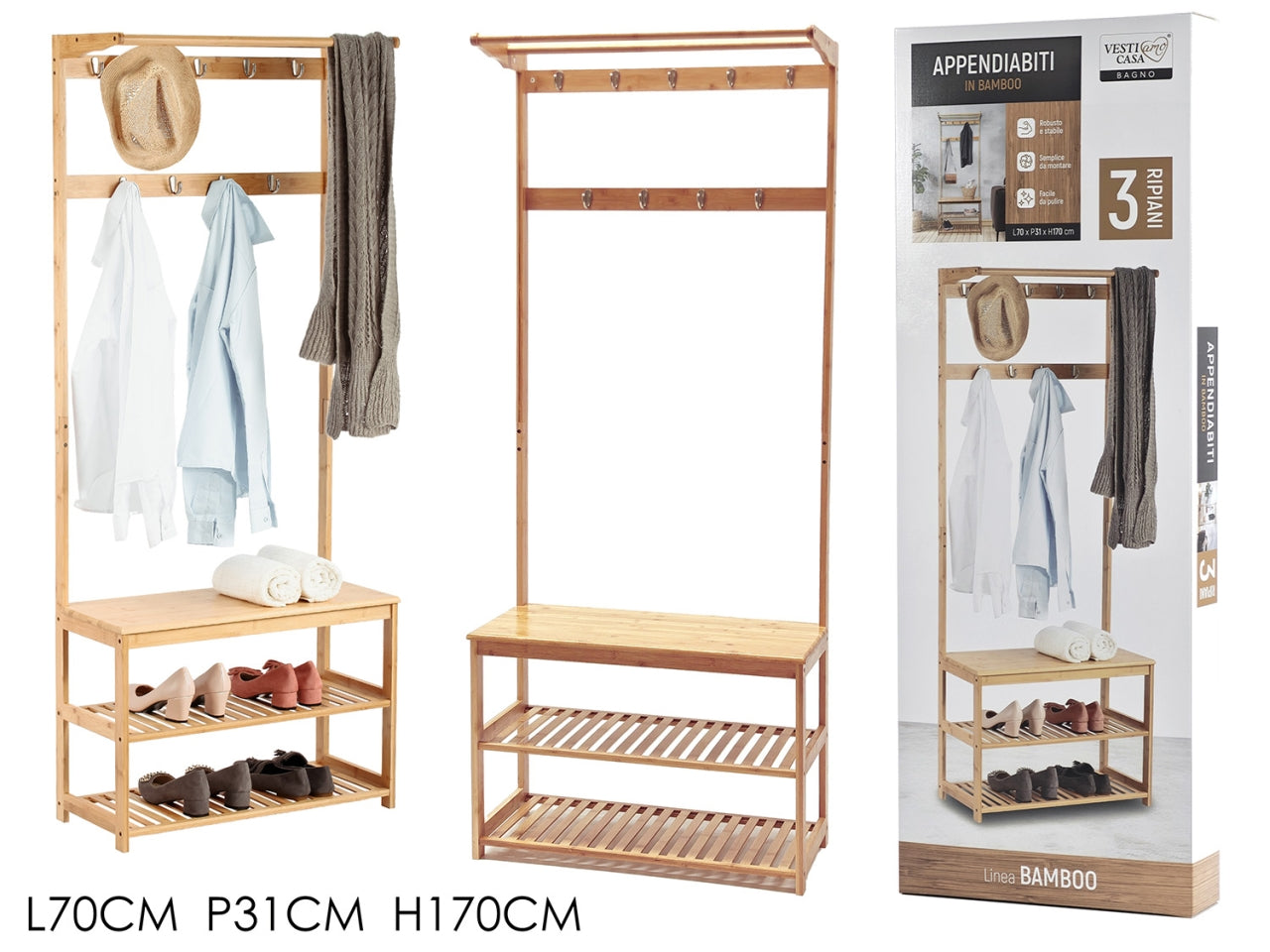 Appendiabiti 9posti con 3 ripiani 70x31xh170