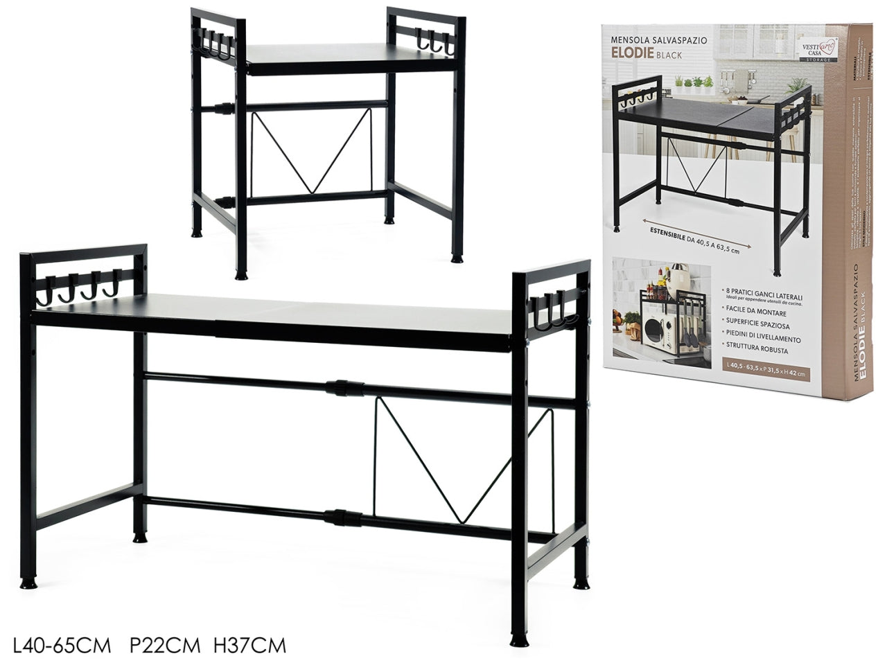 Mensola estensibile da 40,5 a 63,5x31,5x42cm di colore nero