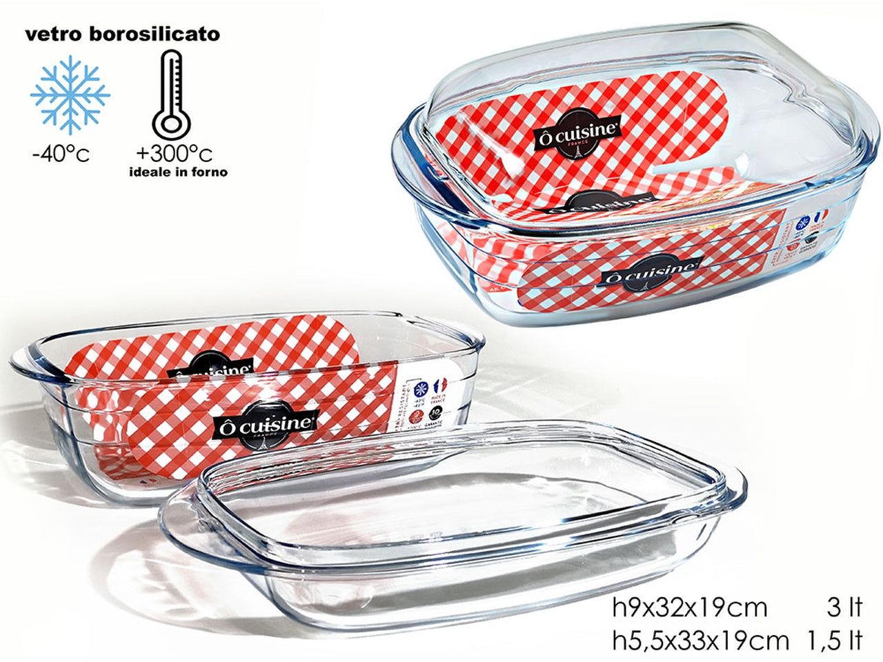 Ocusine pirofile rettangolare con coperchio 33x19x13cm in vetro