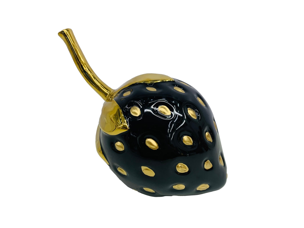 Fragola nero lucido con puntini oro e gambo oro 18x11,5x15,5cm