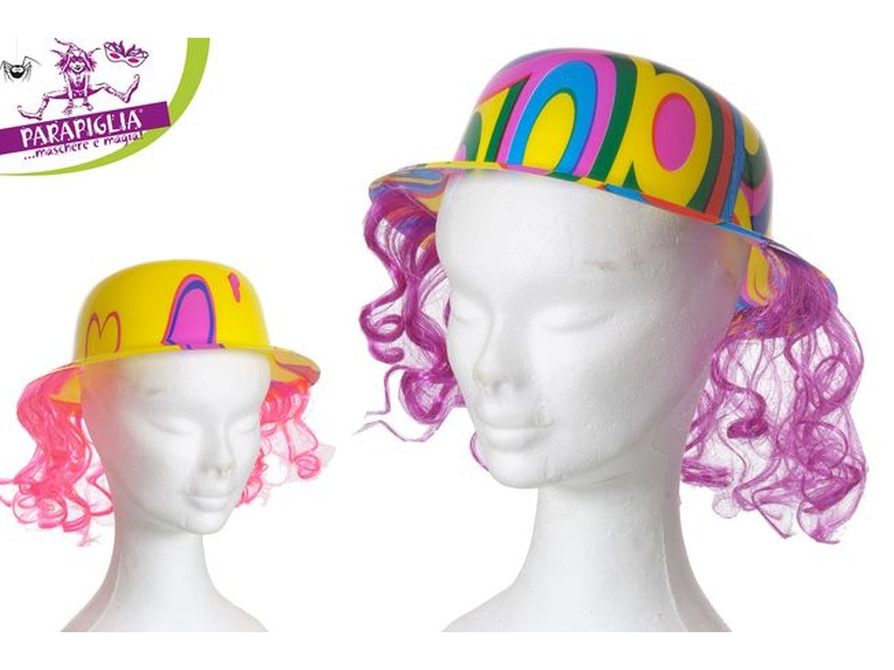 Cappello pagliaccio con parrucca in colori assortiti