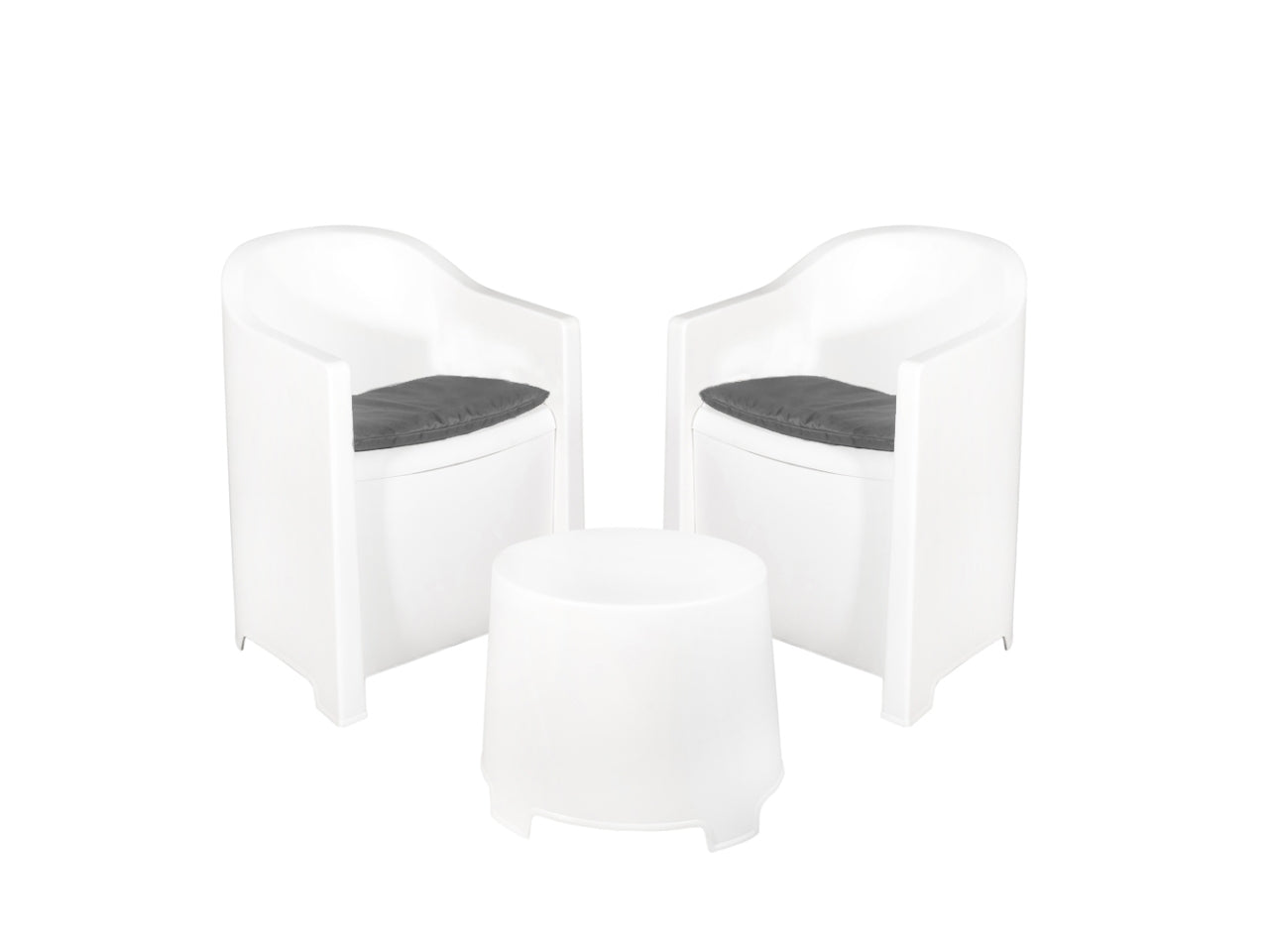 Set luna 2 poltrone 1 tavolino bianco con cuscini