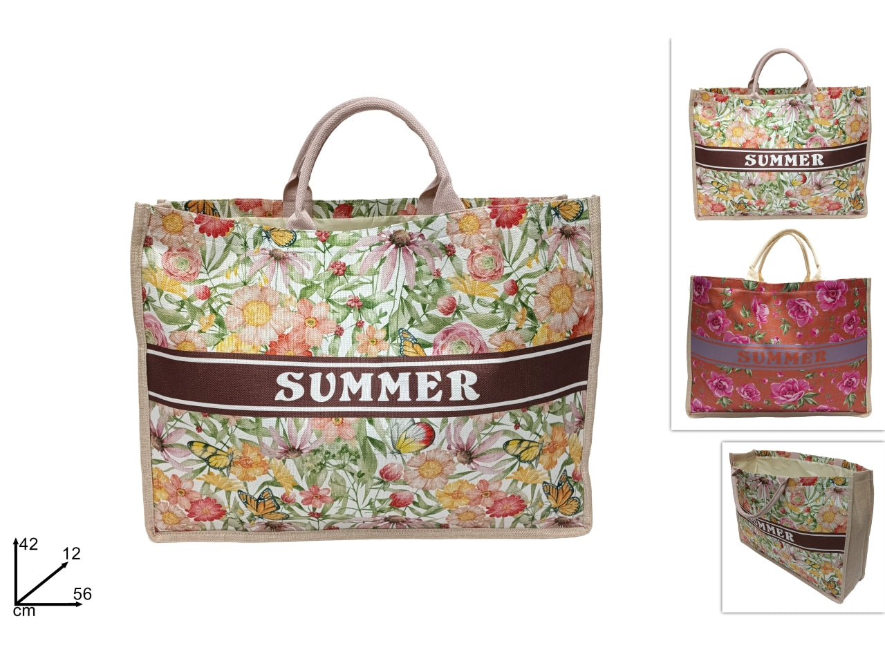 Borsa mare 56x42cm juta fiori e farfalle summer trend