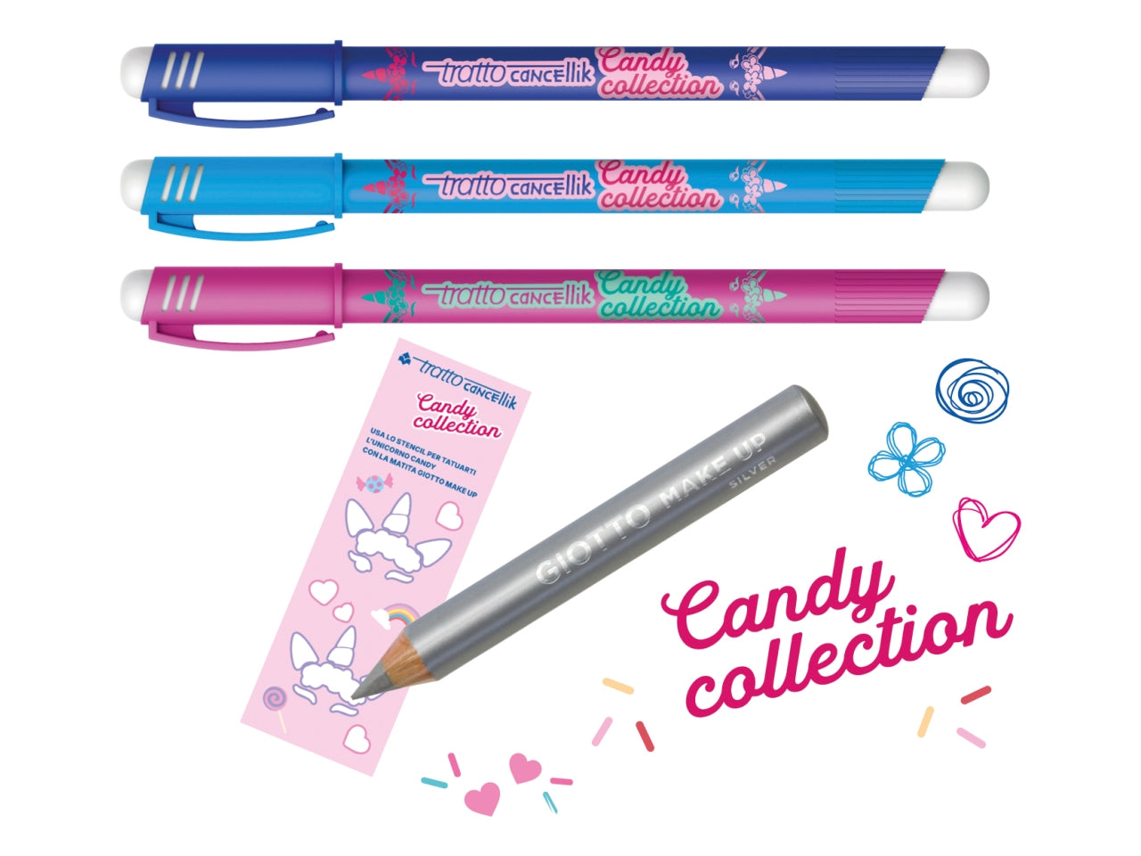 Penne sfera cancellabili tratto cancellik candy tatoo + matita make up confezione da 3 pezzi