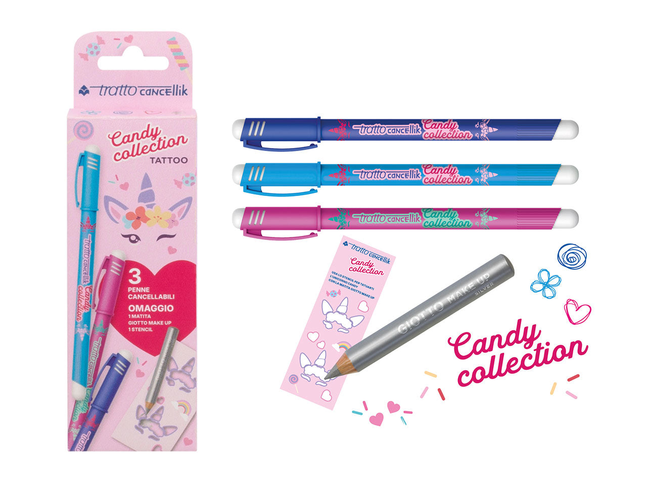 Penne sfera cancellabili tratto cancellik candy tatoo + matita make up confezione da 3 pezzi