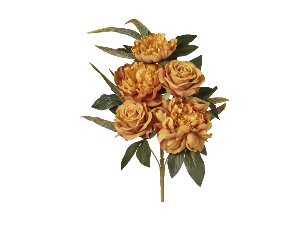 Mazzo frontale rose e peonie con 5 fiori 43cm di colore ocra