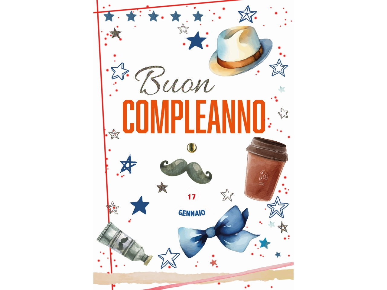 Biglietto buon compleanno doppia rotella maschile baffi