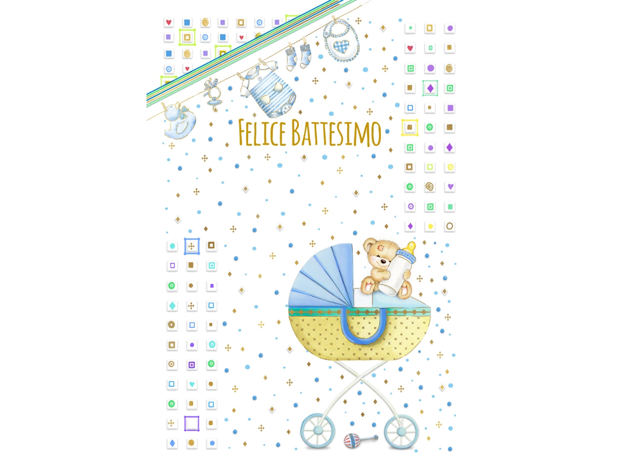 Biglietto felice battesimo carrozzina azzurra