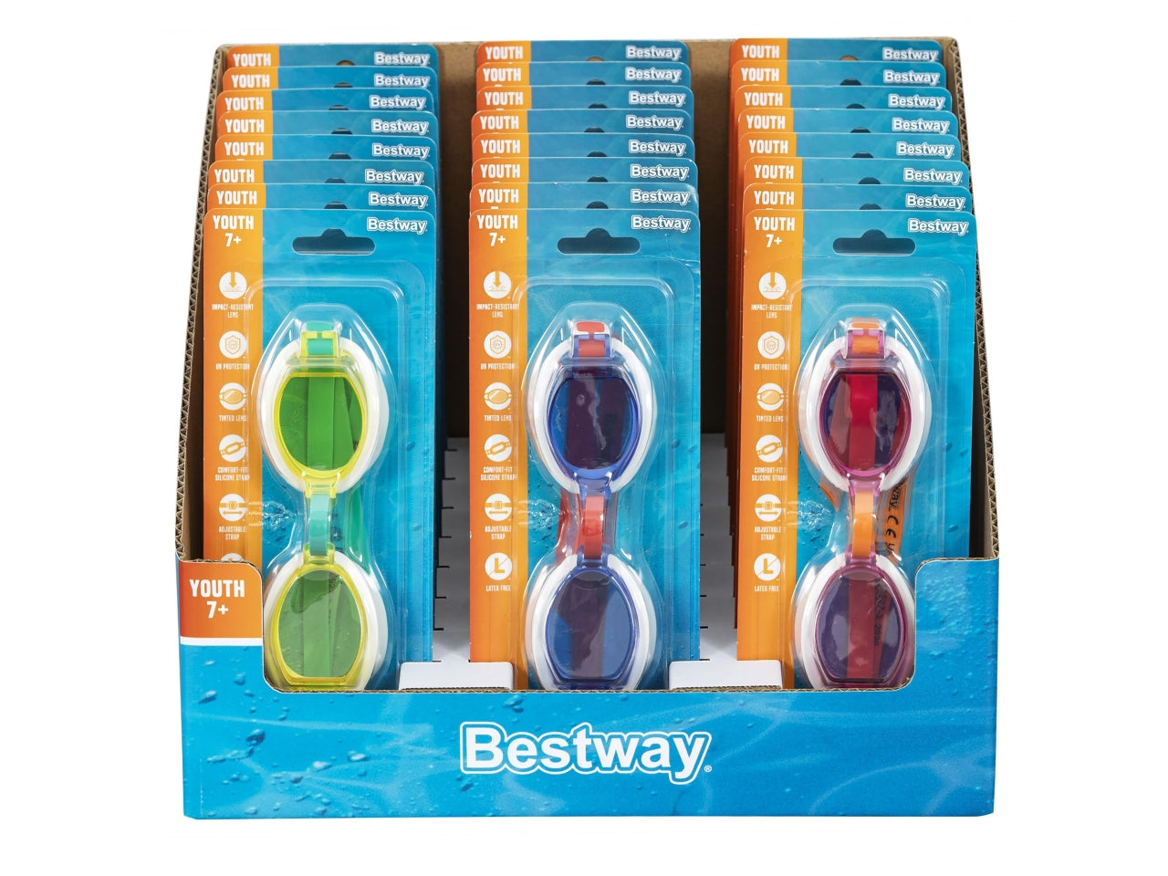 Espositore da 24 occhialini swim gear per ragazzi 7+ anni in colori assortiti $