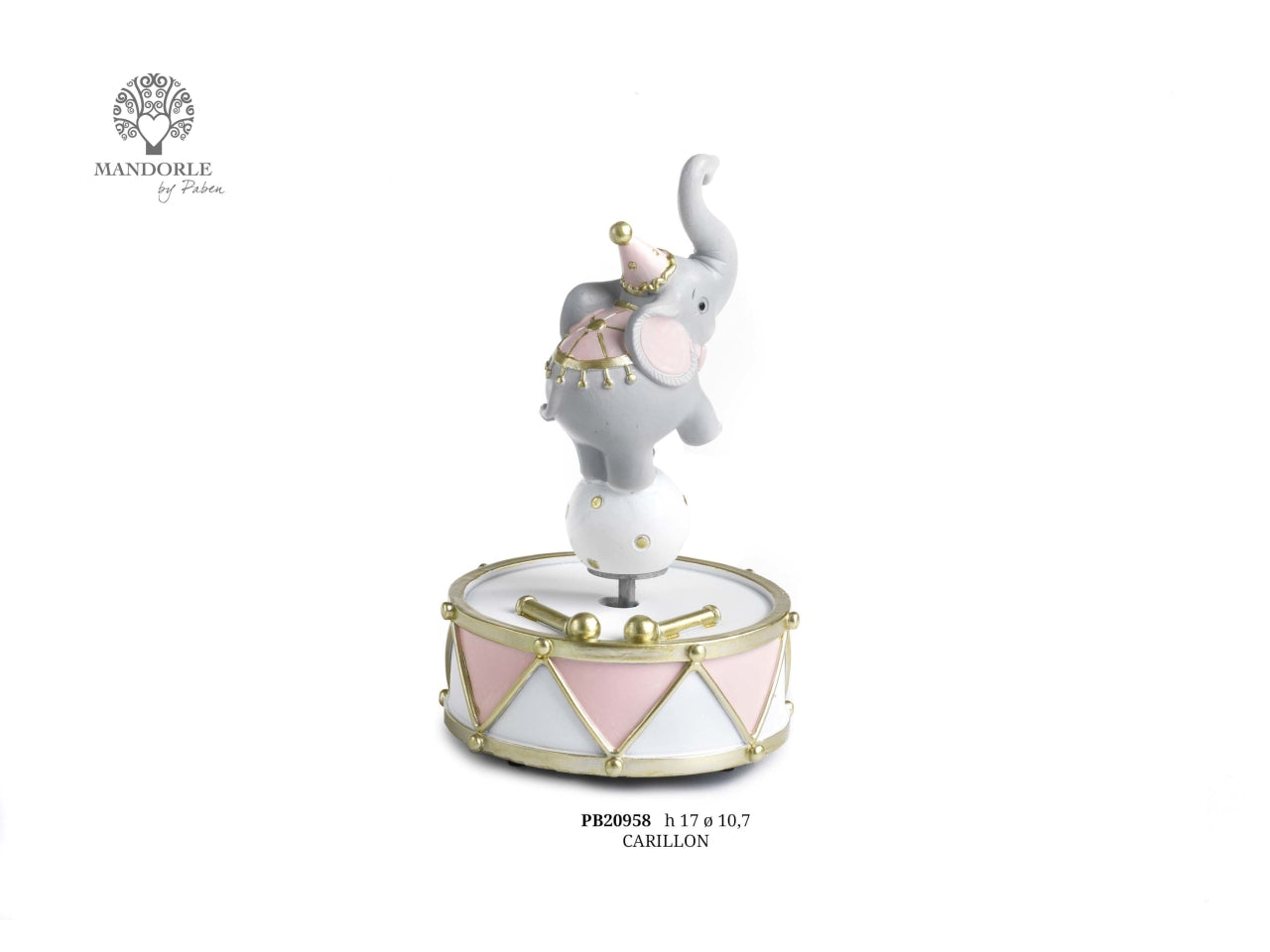 Carillon elefantino del circo su tamburo 17cm rosa