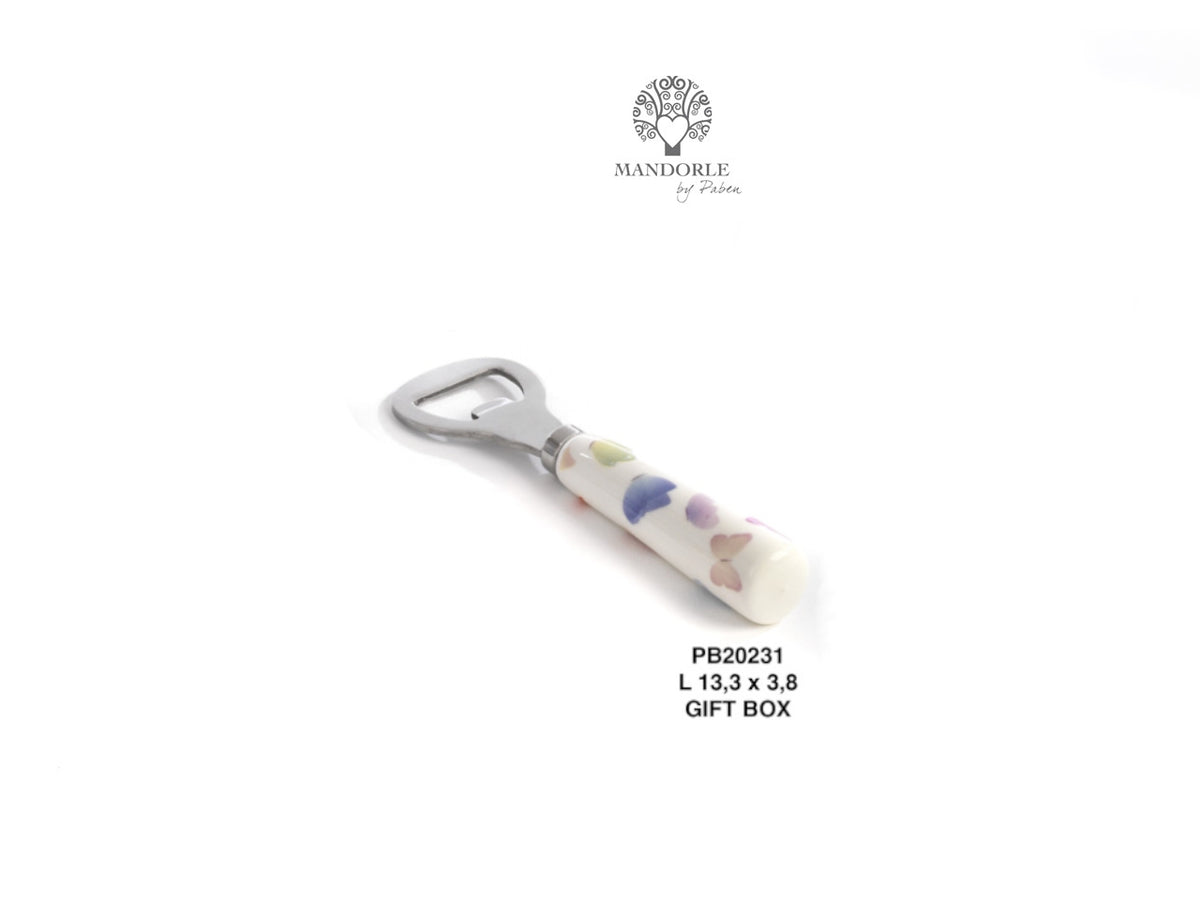 Apribottiglie metallo con manico in porcellana decorazione farfalle 13,3cm