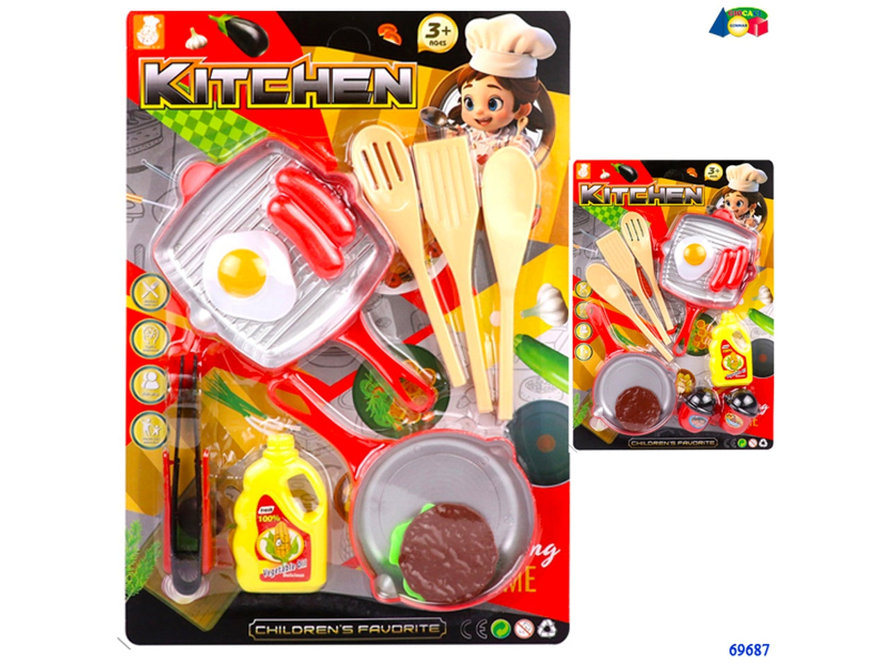 Set cucina con 2 padelle, utensili ed accessori ass.