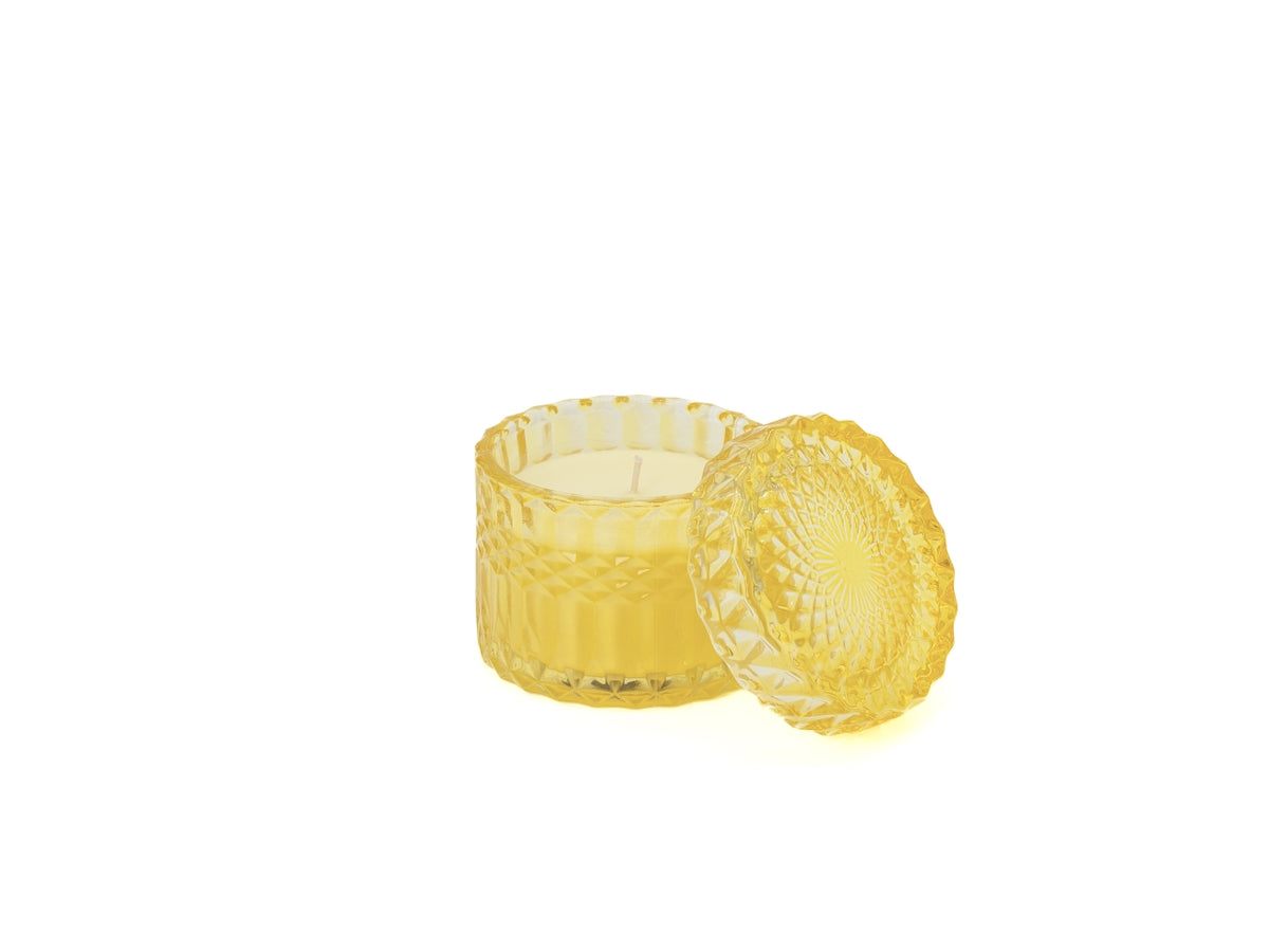 Candela con cofanetto e coperchio in vetro decorato 9x9cm giallo
