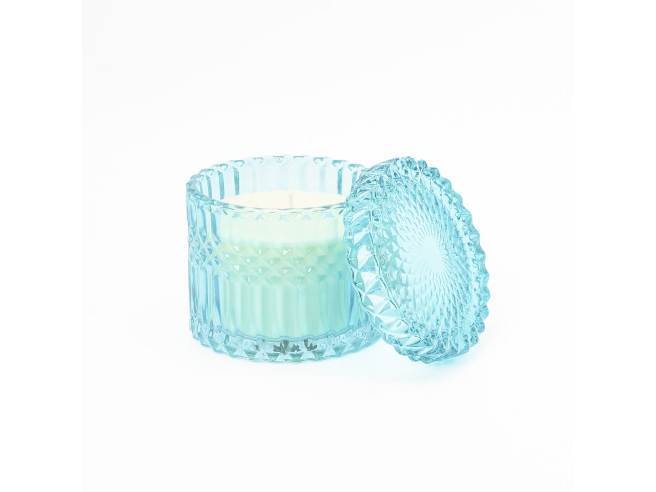 Candela con cofanetto e coperchio in vetro decorato 9x9cm turchese