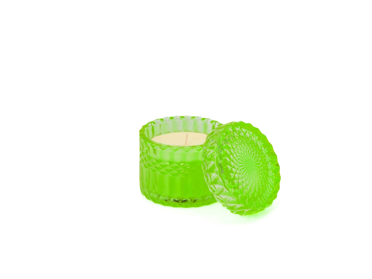 Candela con cofanetto e coperchio in vetro decorato 9x9cm verde