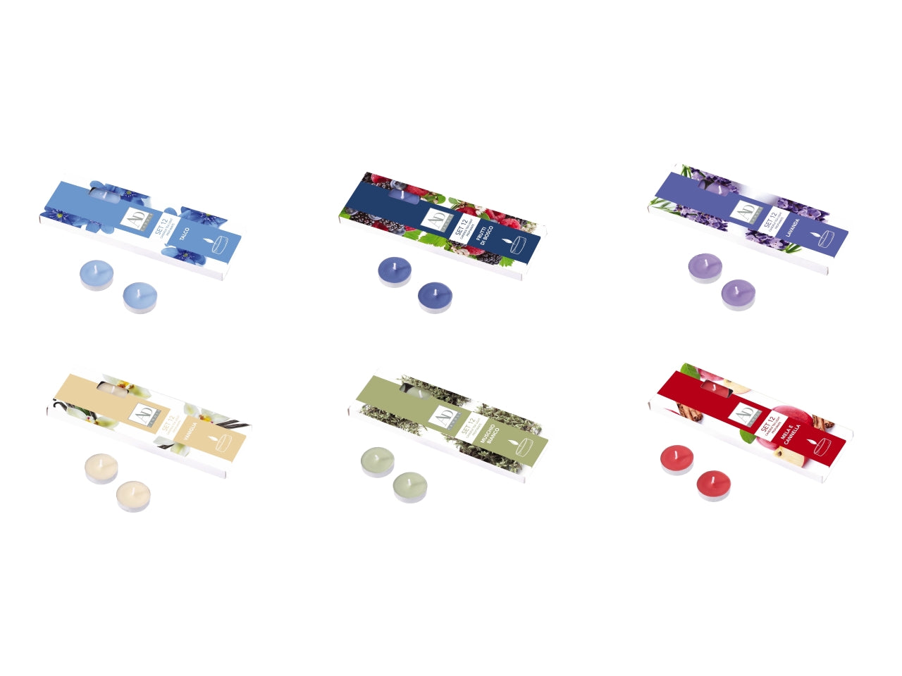 Tea light d.3,75cm la confezone comprende 12 tea light in 6 colori assortiti