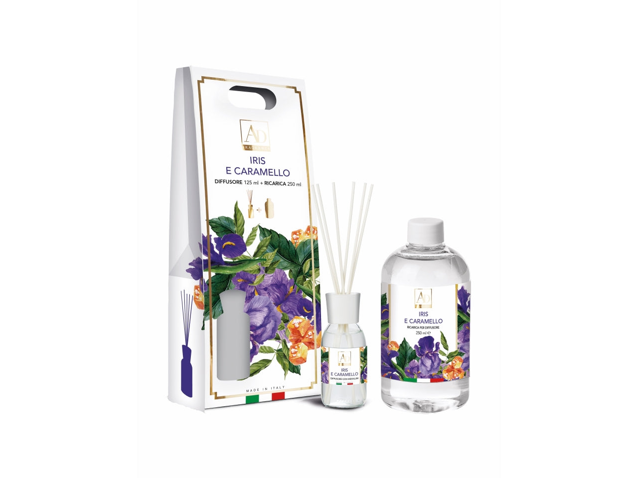 Diffusore di essenze 125ml e ricarica 250ml fraganza iris e caramello