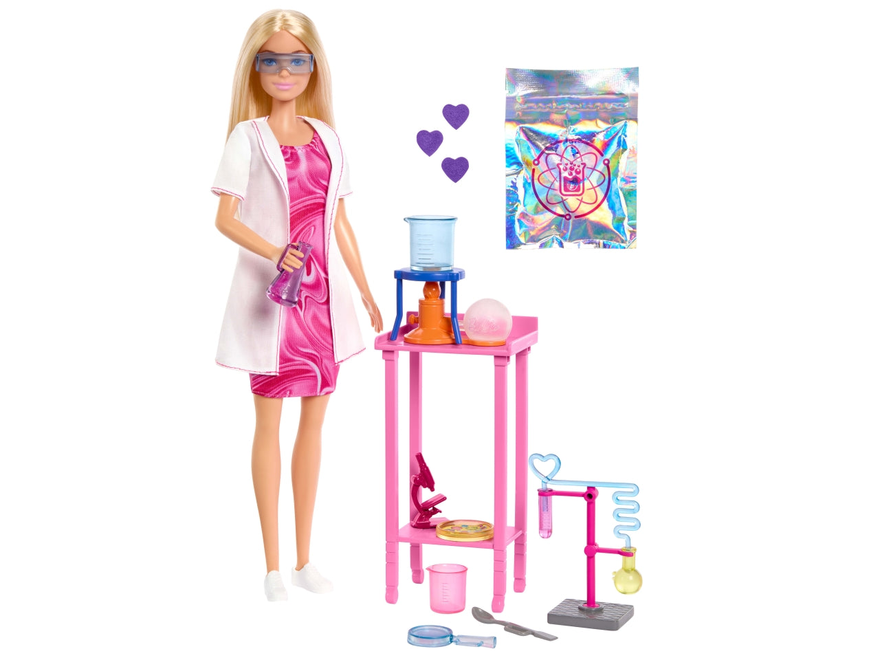 Barbie scienziata, set bambola bionda con camice bianco da laboratorio e accessori inclusi