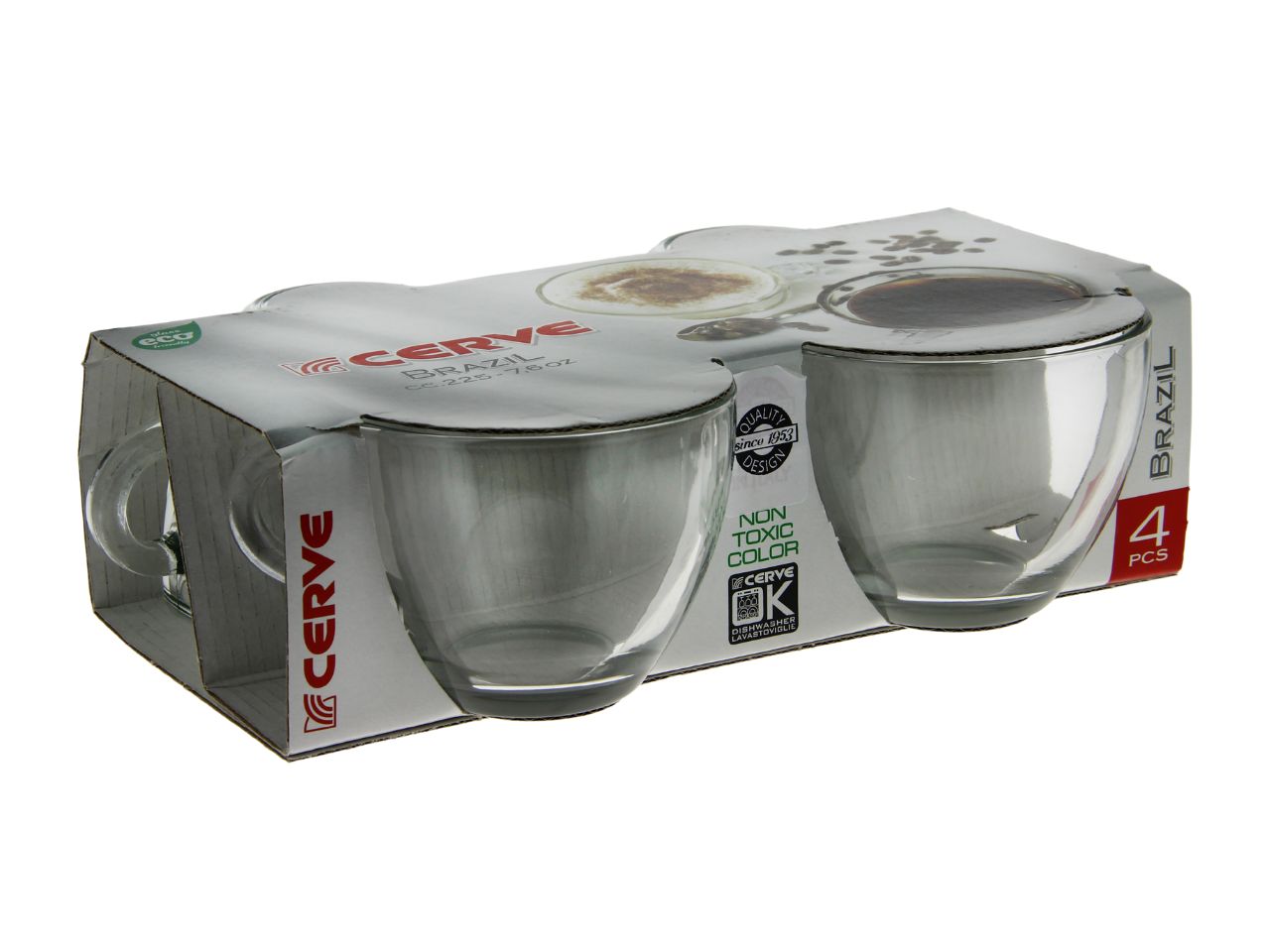 Tazze da te' brazil 225cc in vetro trasparente senza piattino set da 4 tazzine