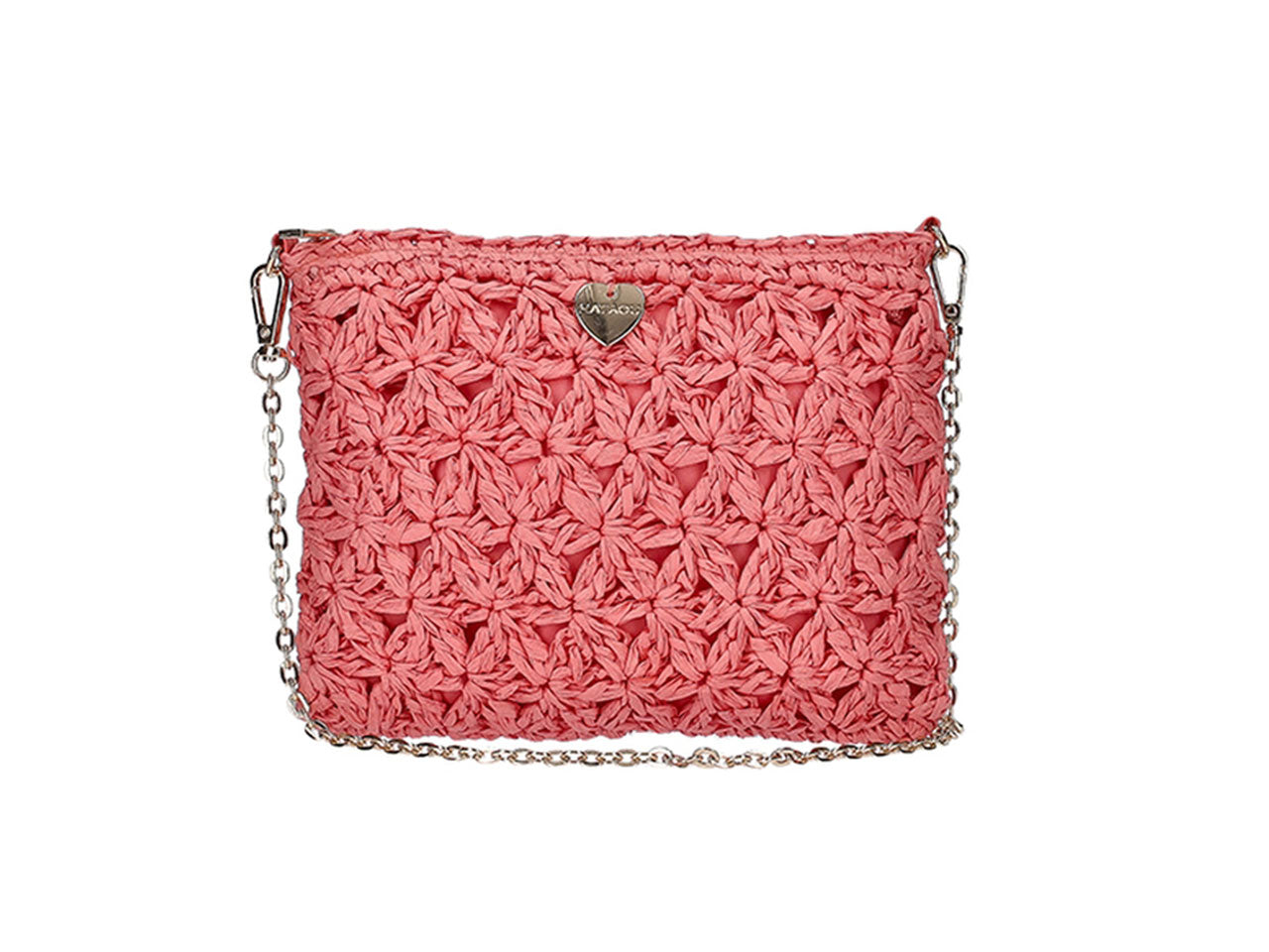 Pochette in carta intrecciata a fiori con tracolla e catena 22x17cm corallo