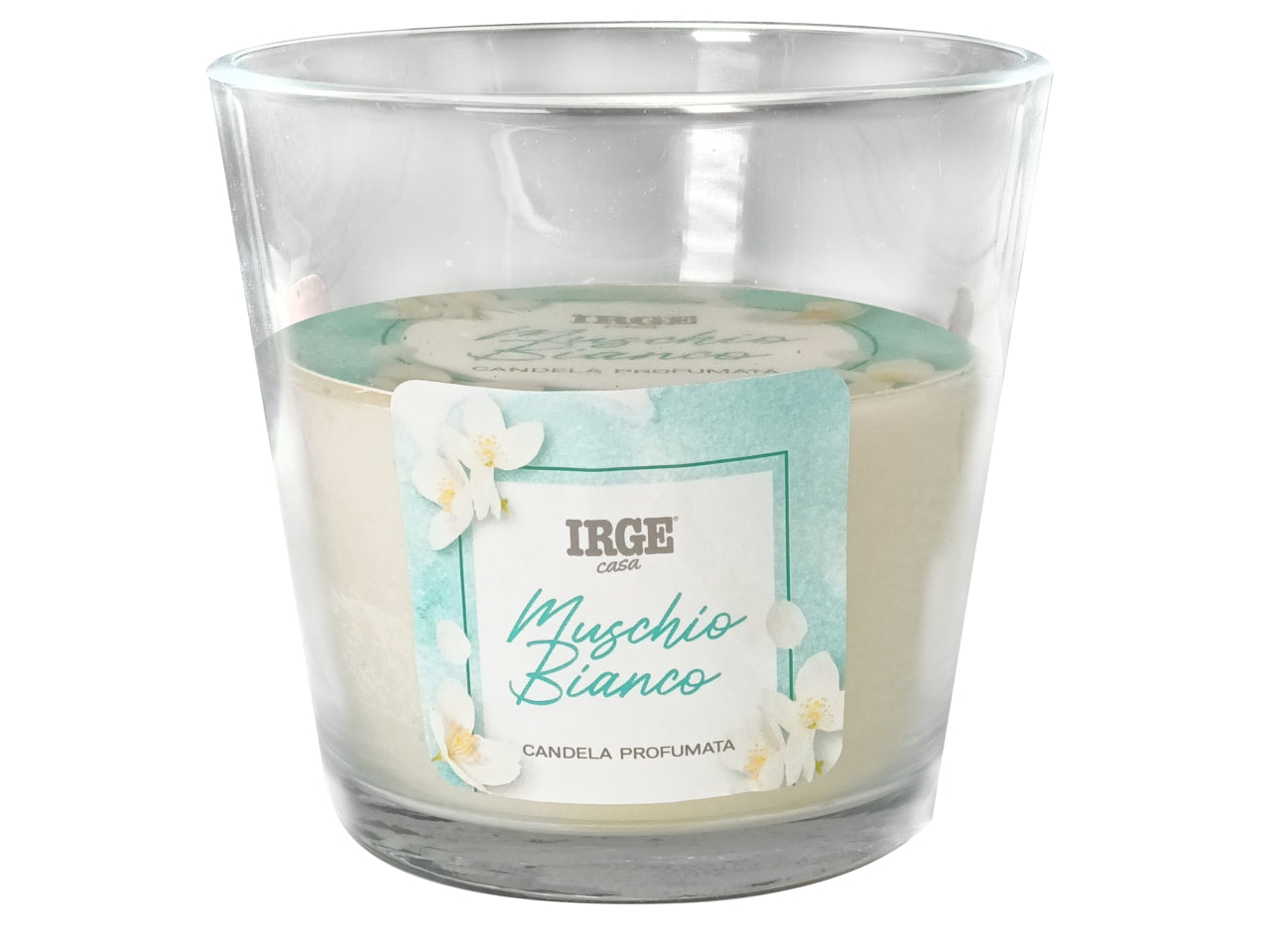 Candela bicchiere in vetro 460g 13xh12cm profumazione muschio bianco