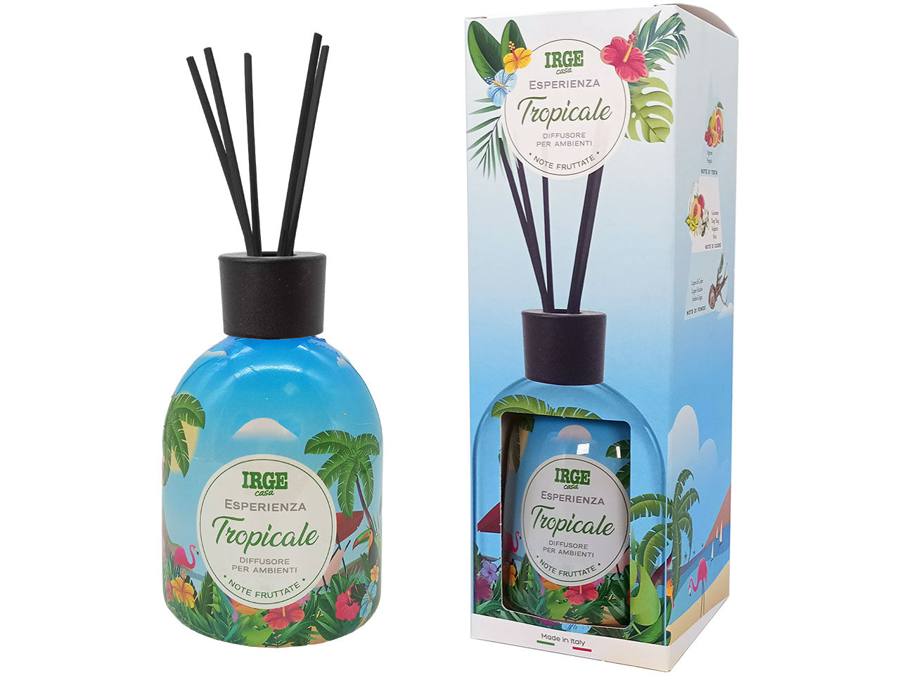 Diffusore di essenza con bottiglia decorata 500ml profumazione esperienza tropicale