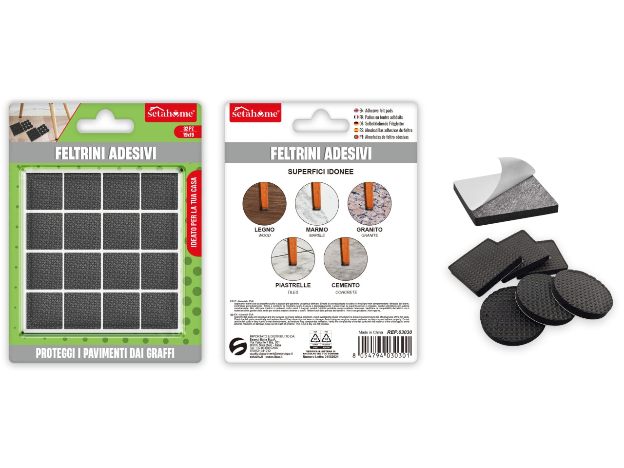 Feltrini adesivi quadrati 19x19mm confezione da 32 feltrini