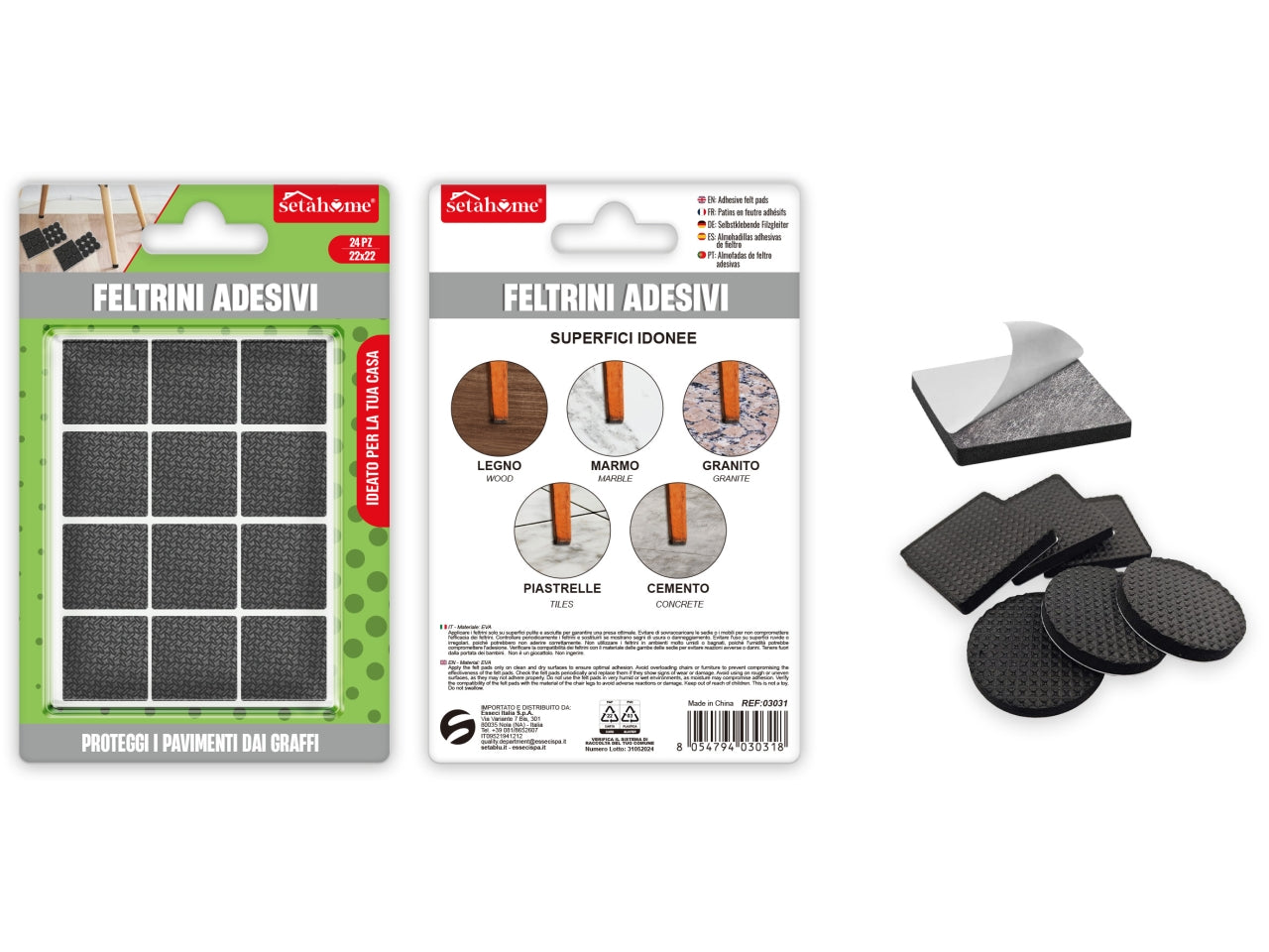 Feltrini adesivi quadrati 22x22mm confezione da 24 feltrini
