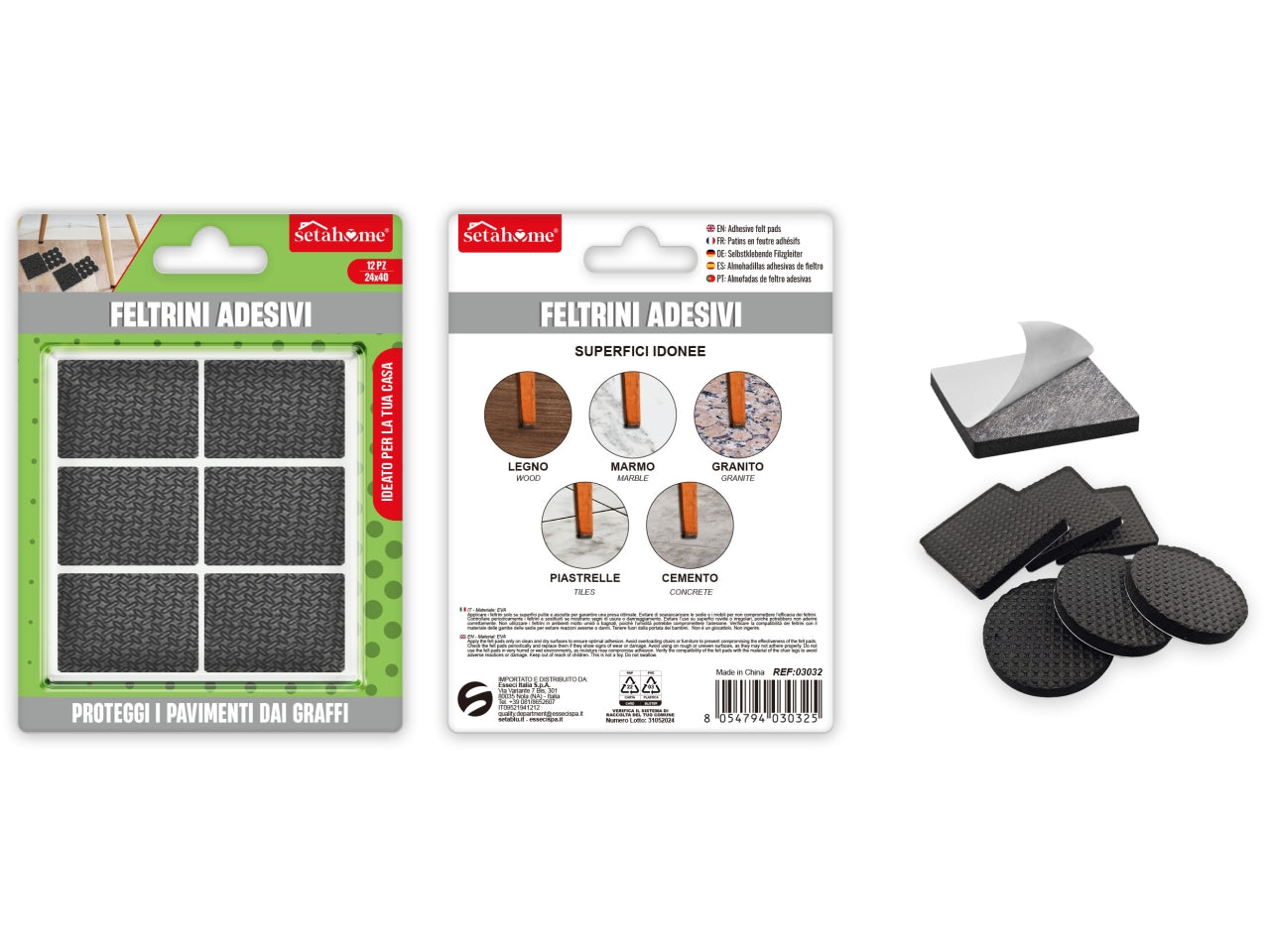 Feltrini adesivi quadrati 24x40mm confezione da 12 feltrini